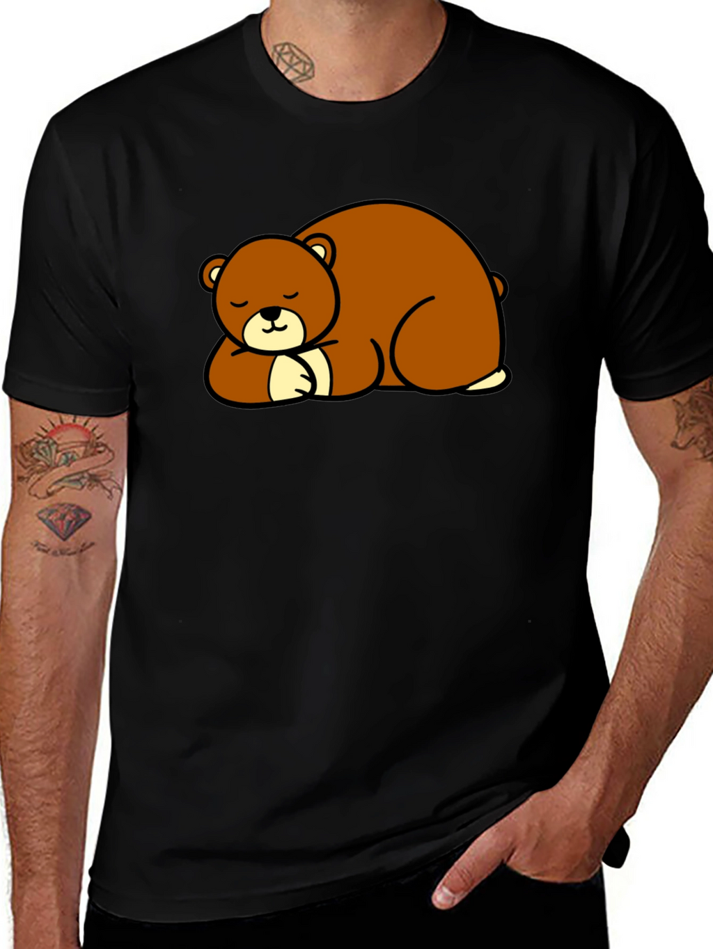 Cute Sleeping Bear Graphic Tee - Black