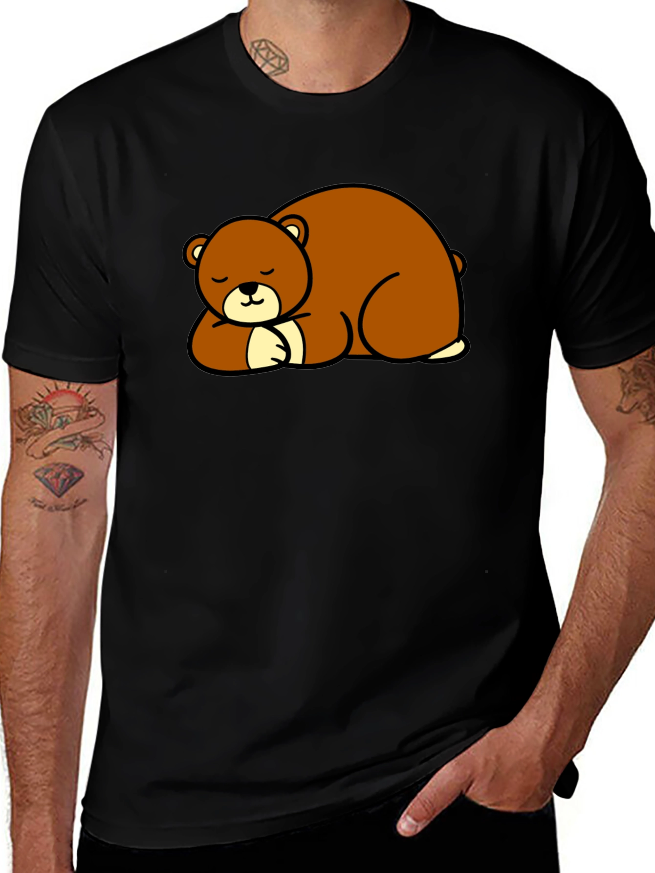 Cute Sleeping Bear Graphic Tee - Black