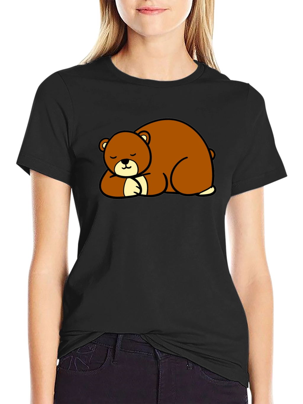 Cute Sleeping Bear Graphic Tee - Black