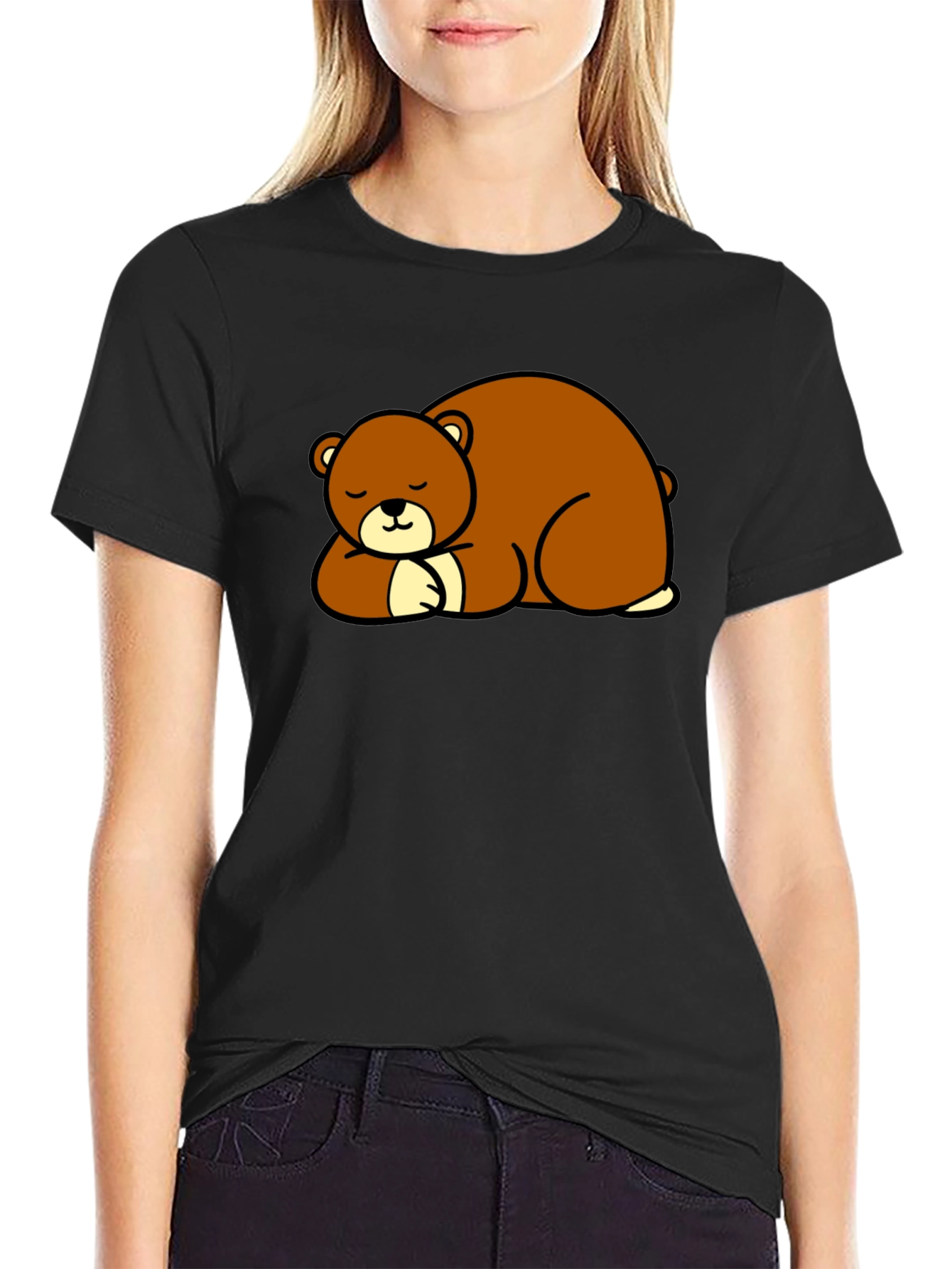 Cute Sleeping Bear Graphic Tee - Black