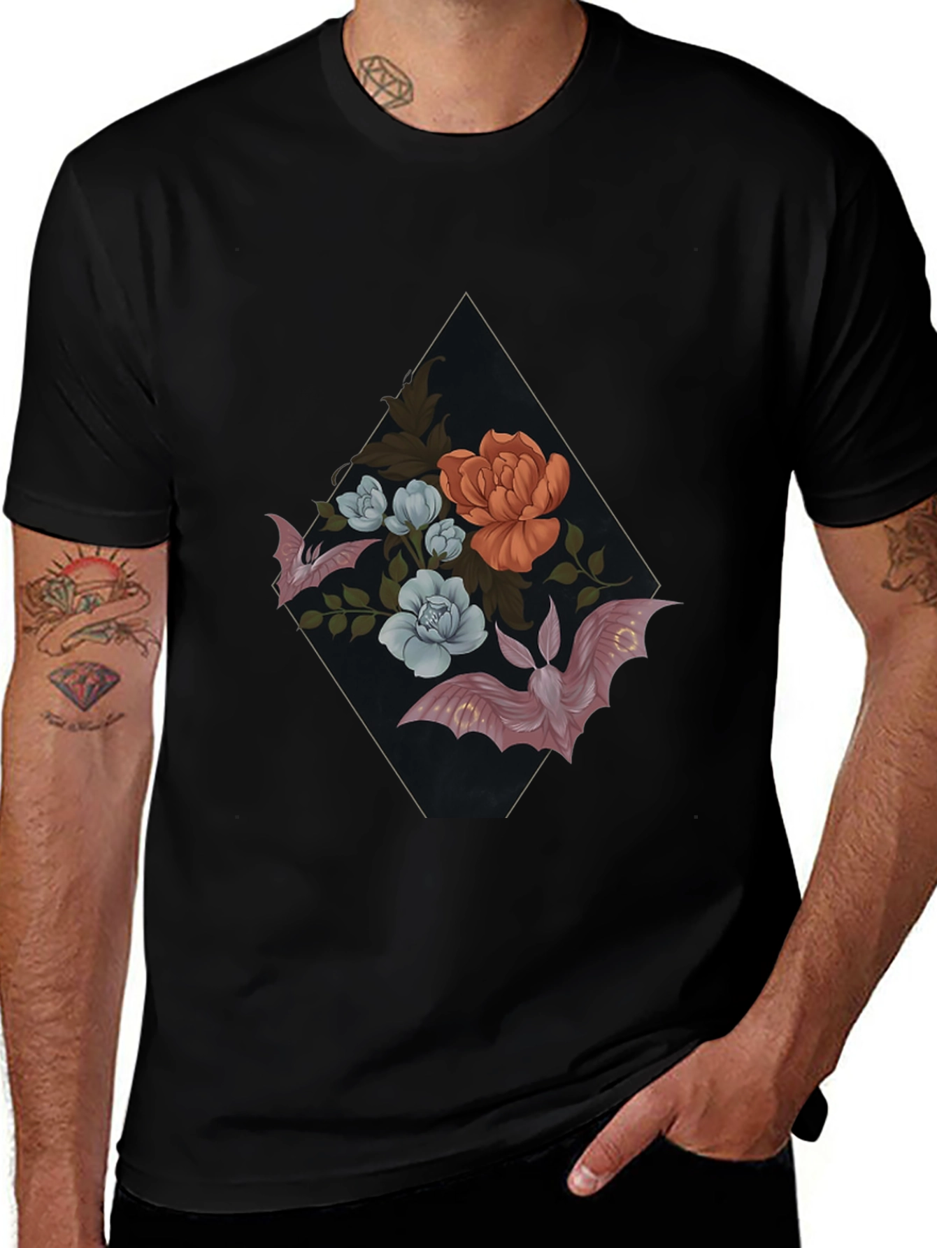 Floral Bat Graphic Tee - Gothic Style