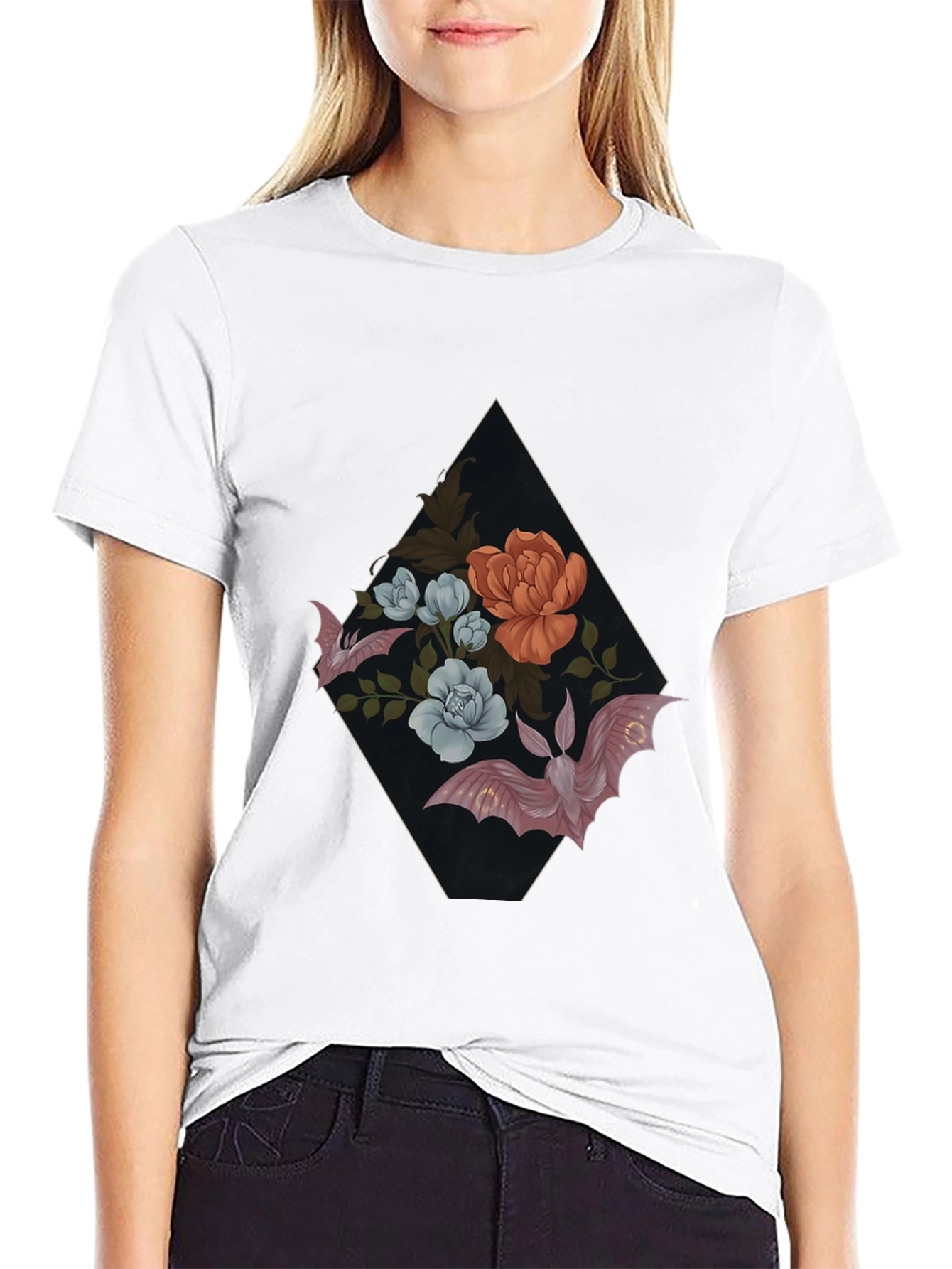 Floral Bat Graphic Tee - Gothic Style