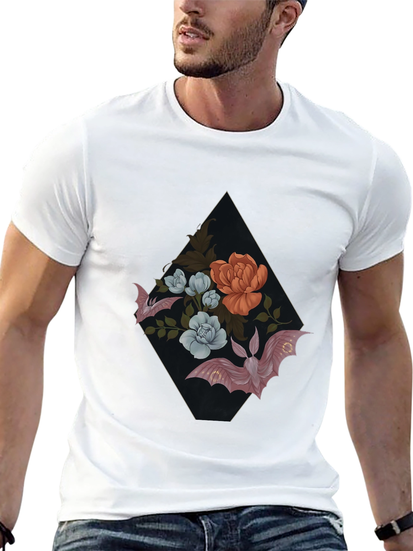 Floral Bat Graphic Tee - Gothic Style