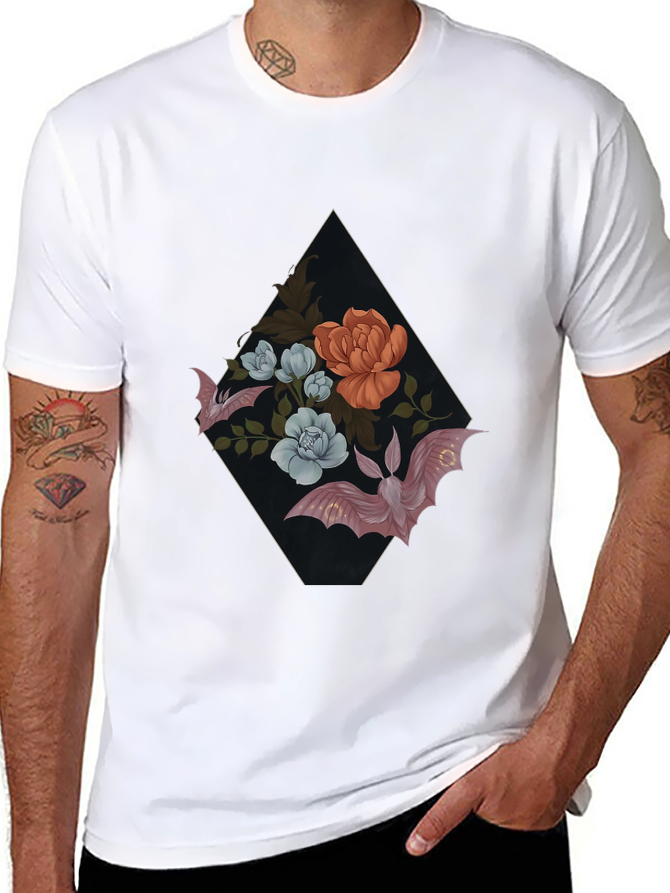Floral Bat Graphic Tee - Gothic Style