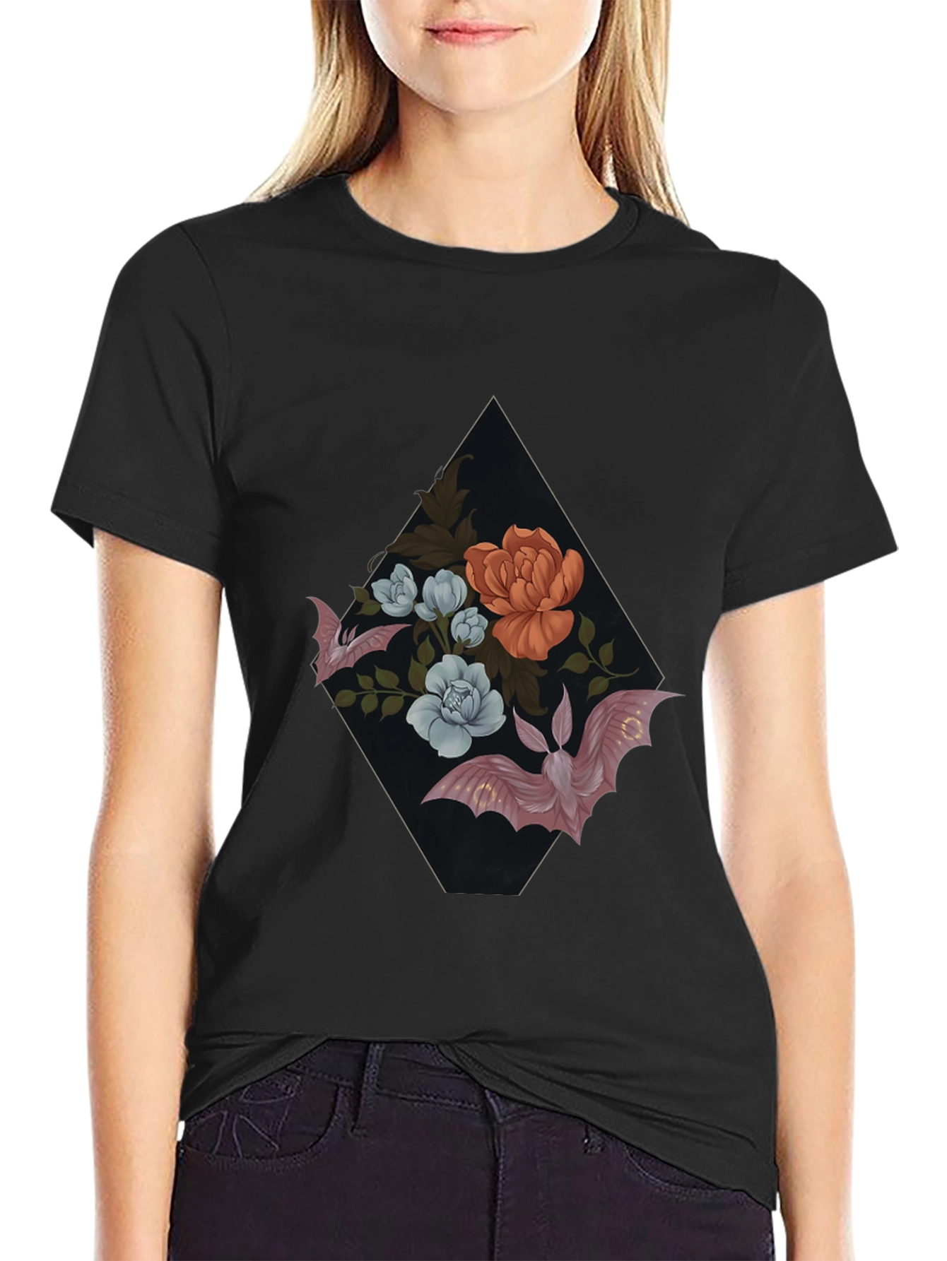 Floral Bat Graphic Tee - Gothic Style
