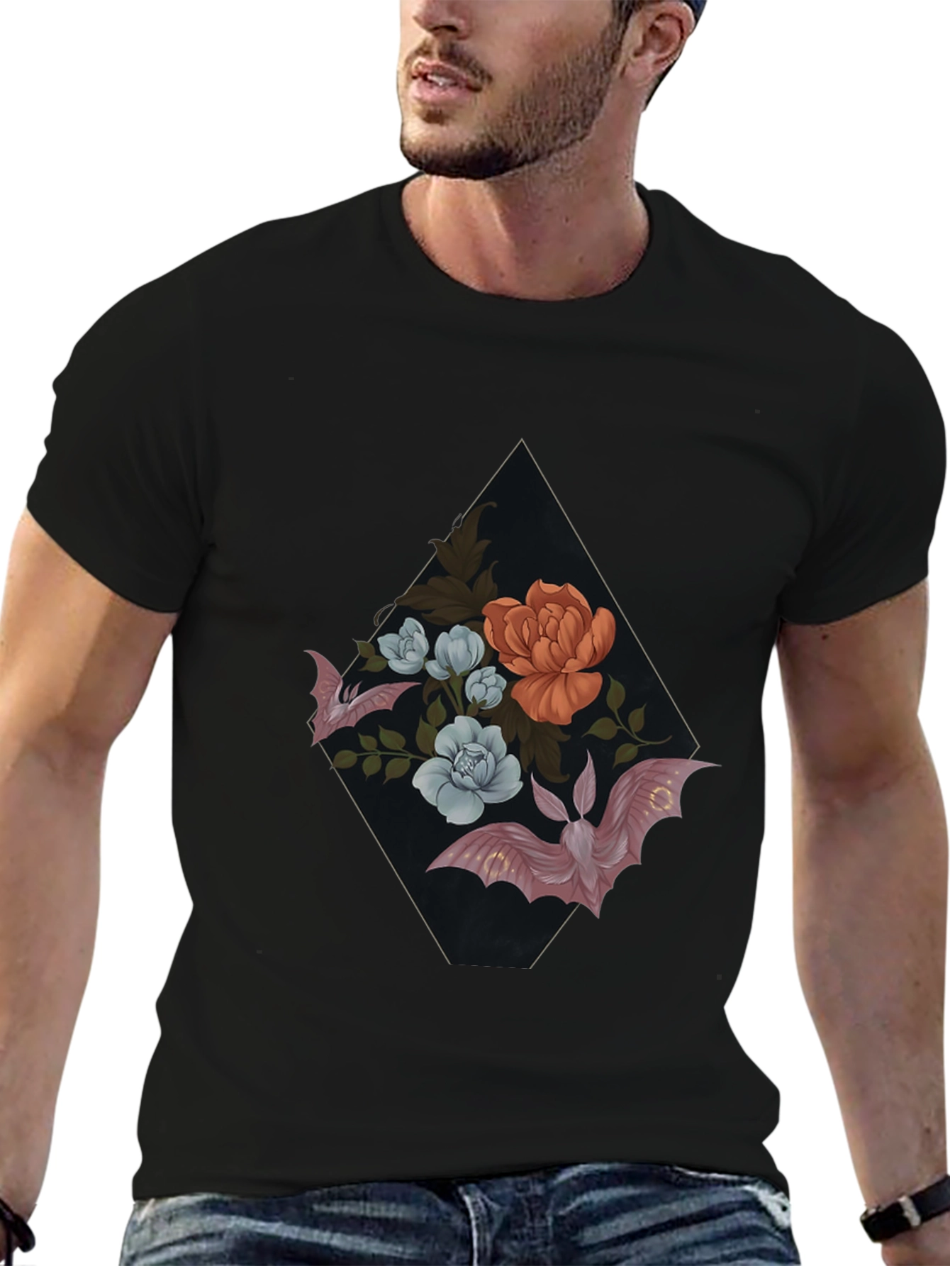 Floral Bat Graphic Tee - Gothic Style