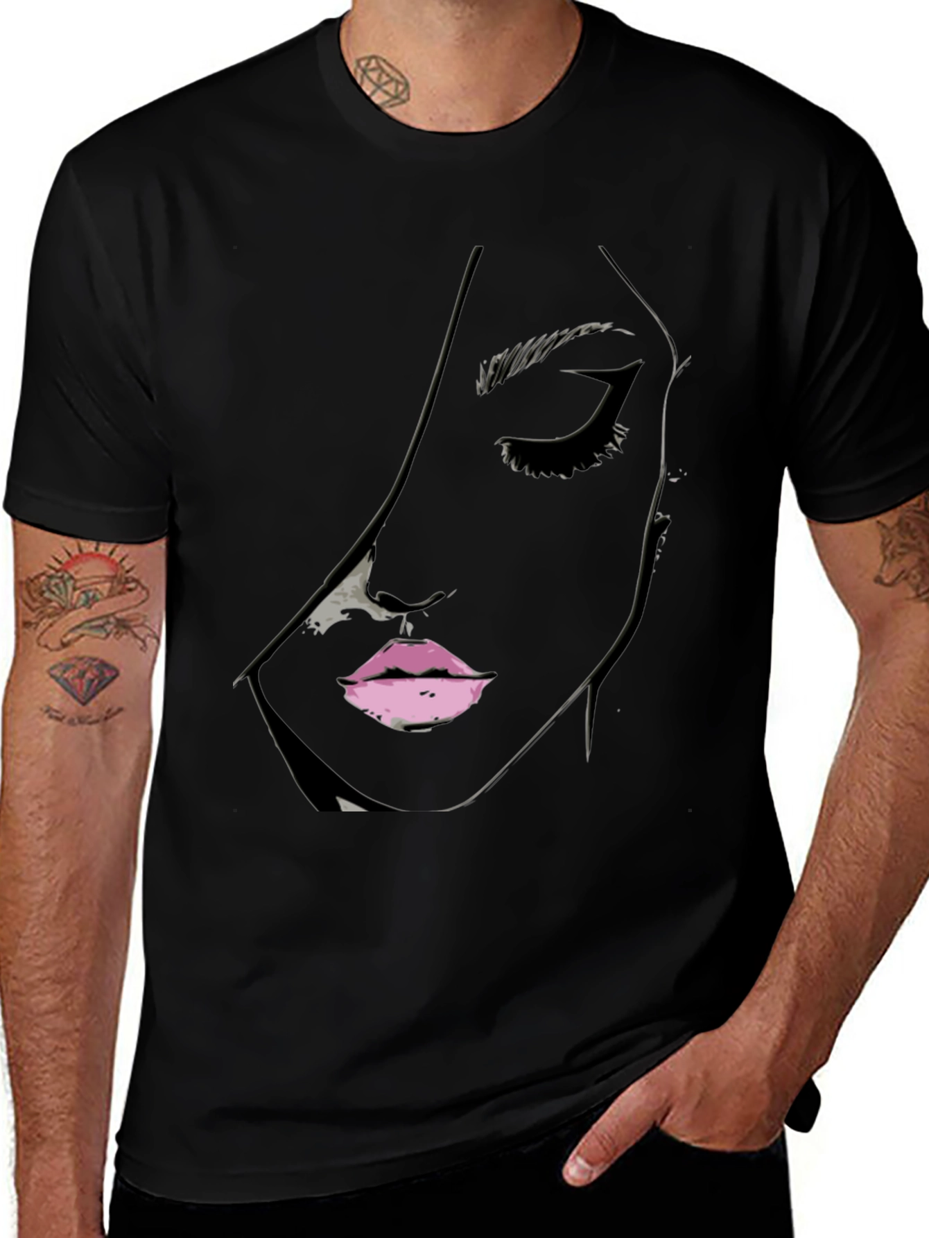 Black Tee with Abstract Face Design