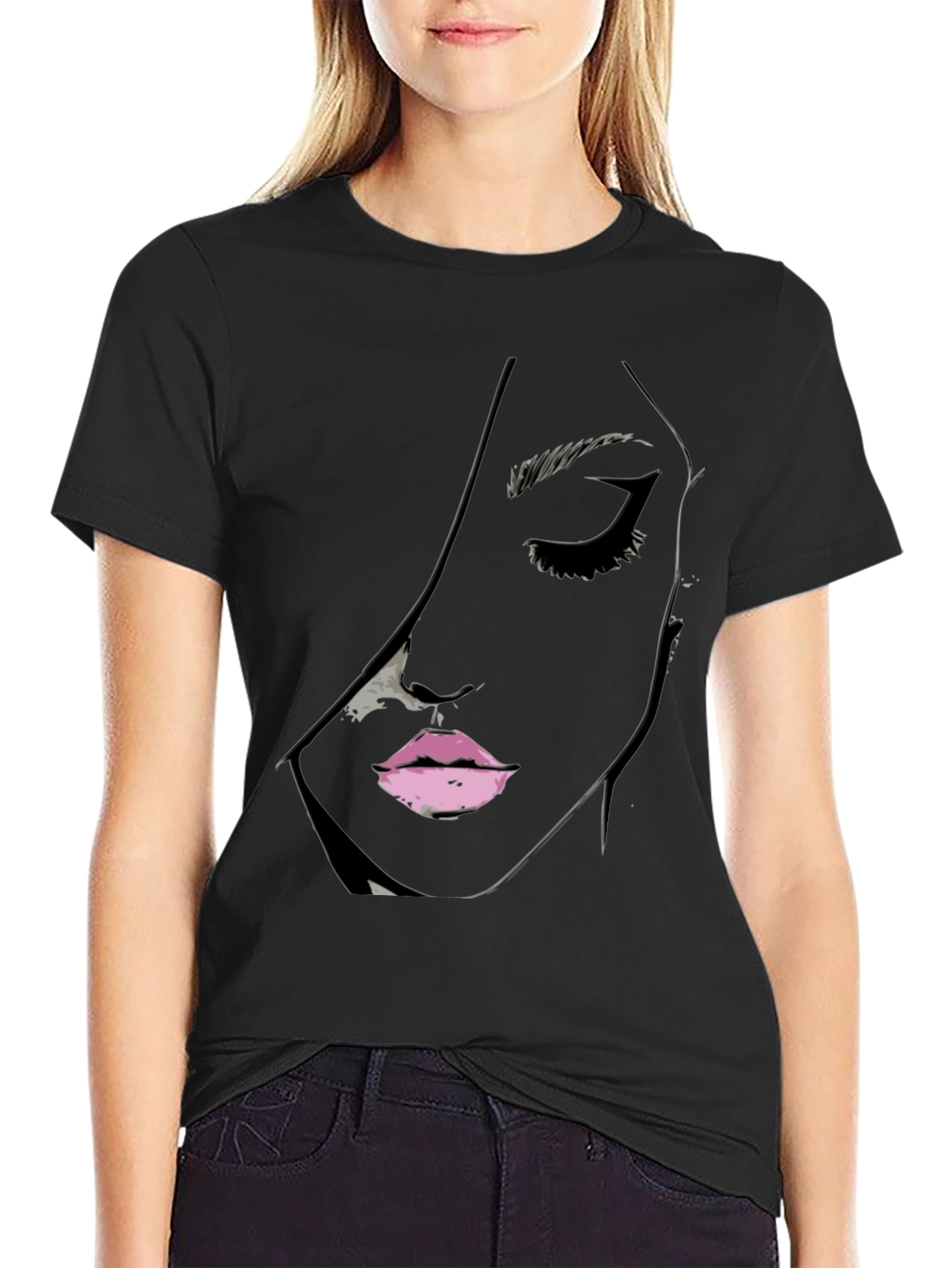 Black Tee with Abstract Face Design
