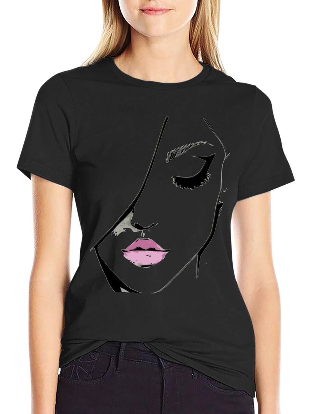 Black Tee with Abstract Face Design