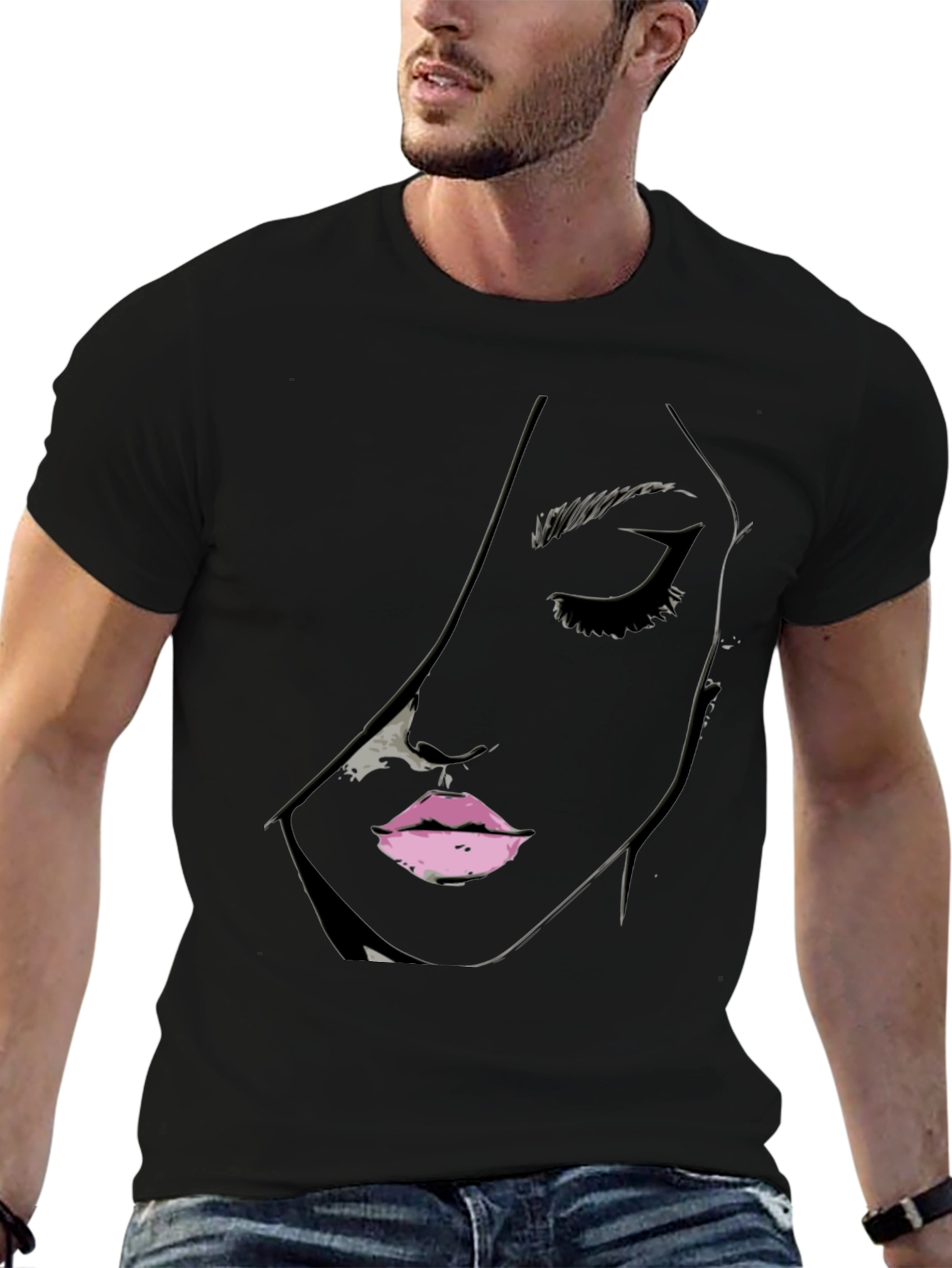 Black Tee with Abstract Face Design