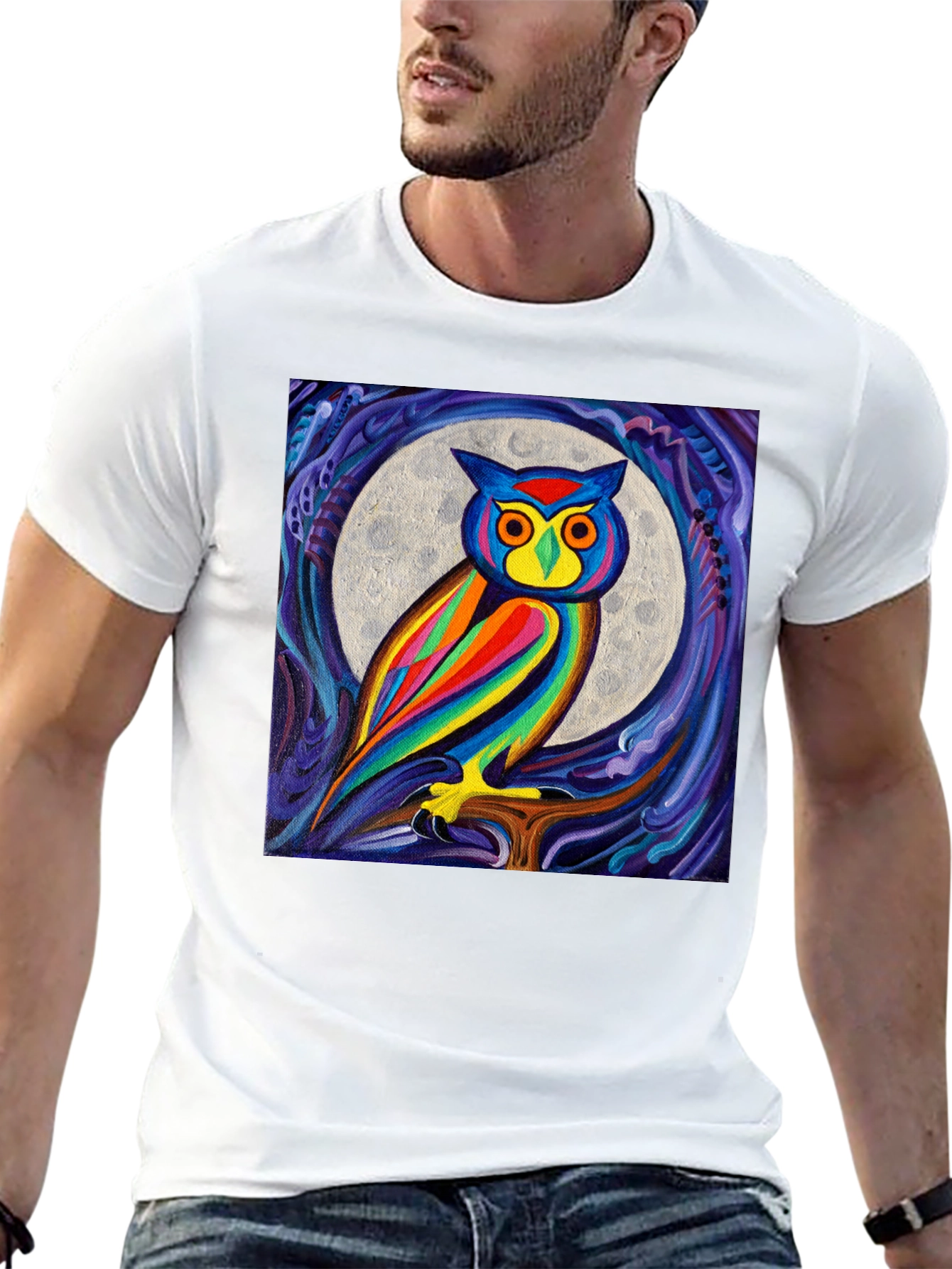 Colorful Owl Moon Art Graphic T-Shirt