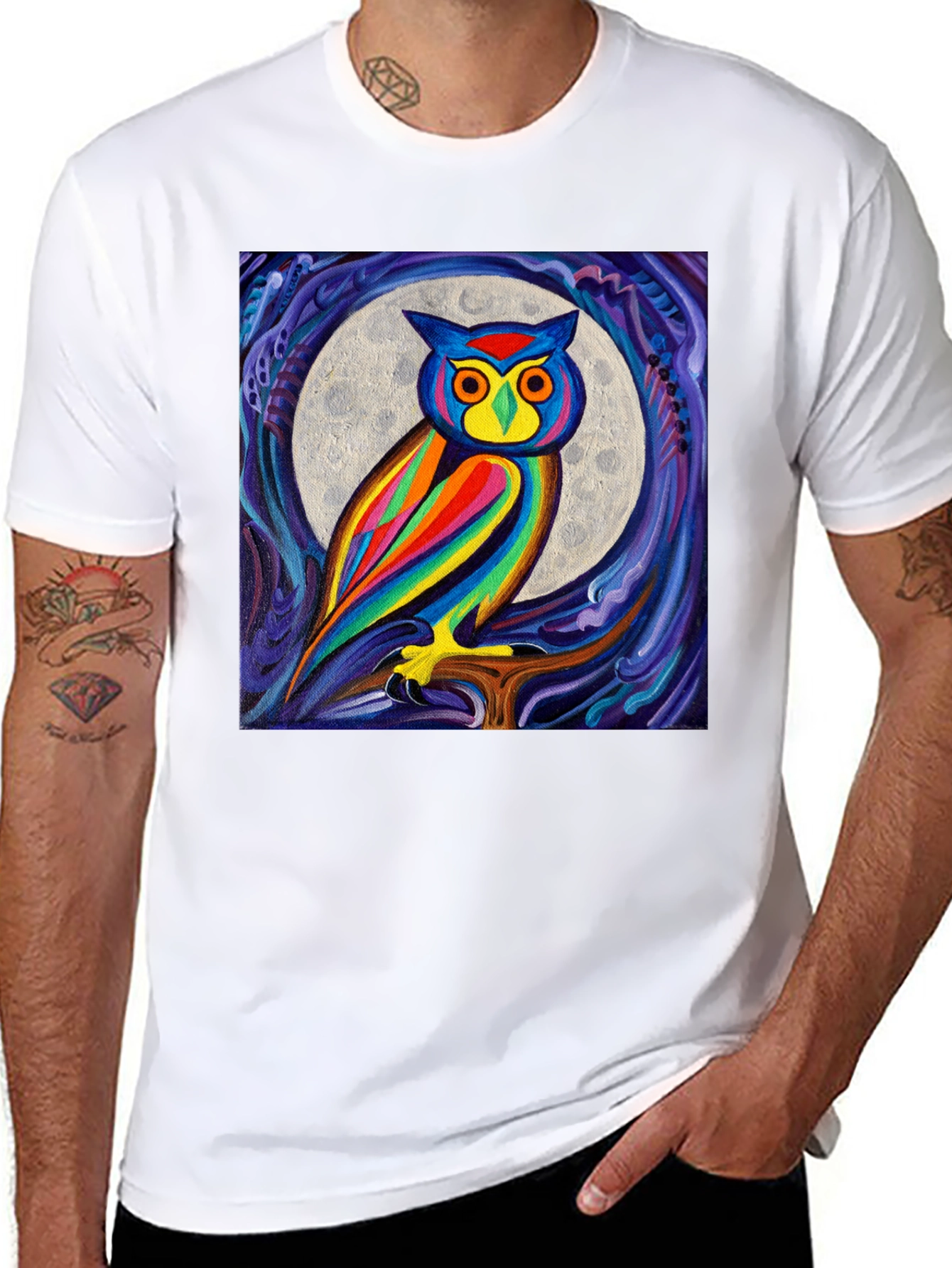 Colorful Owl Moon Art Graphic T-Shirt