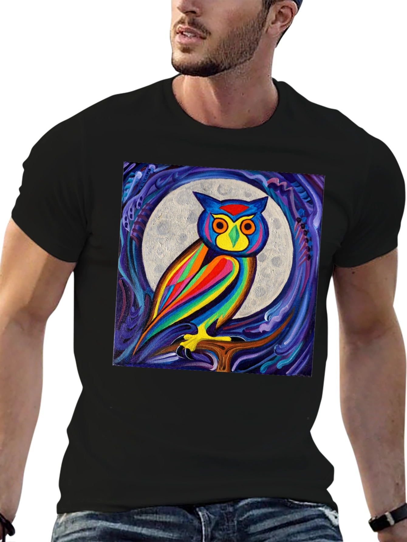 Colorful Owl Moon Art Graphic T-Shirt