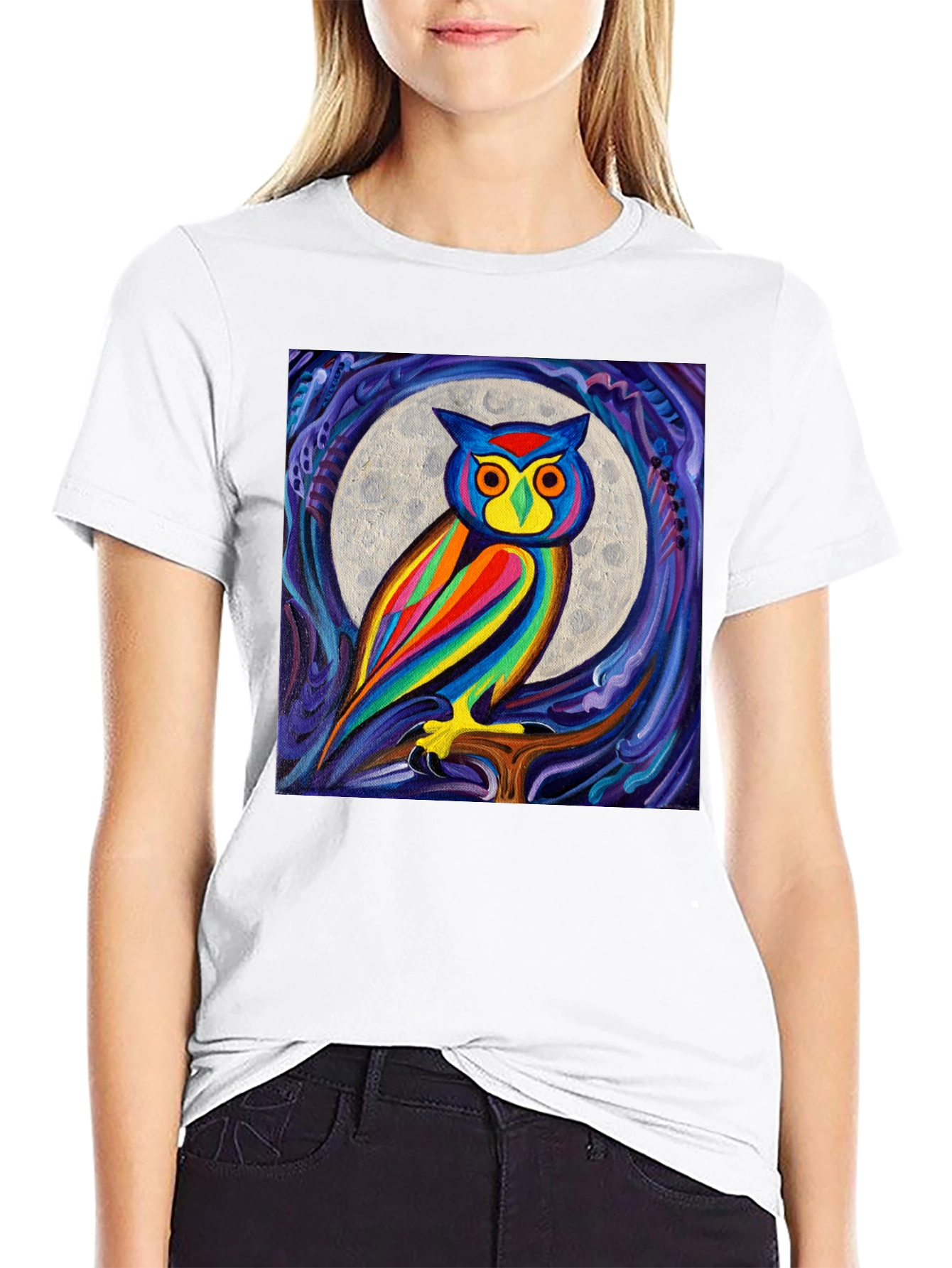 Colorful Owl Moon Art Graphic T-Shirt