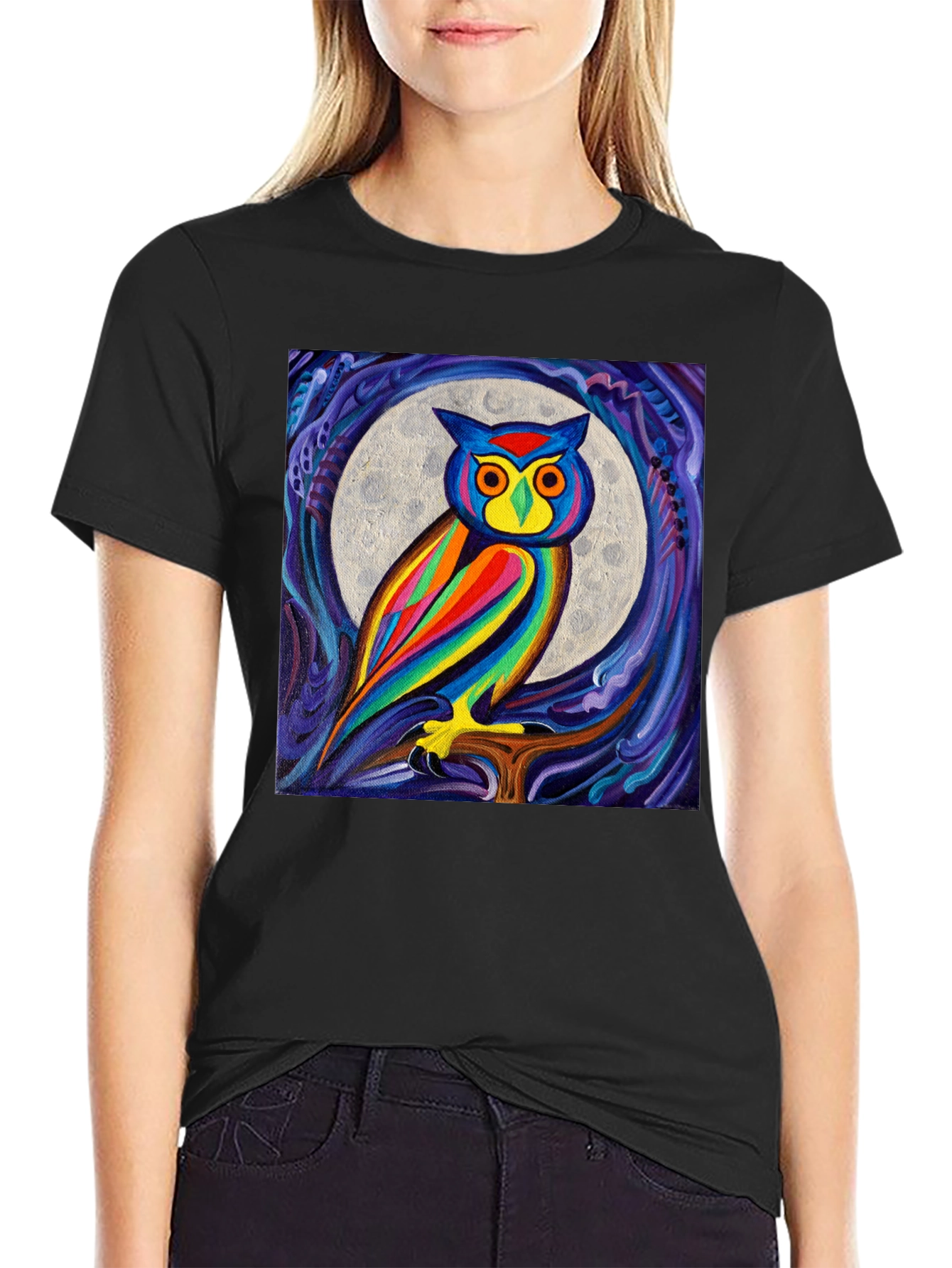 Colorful Owl Moon Art Graphic T-Shirt