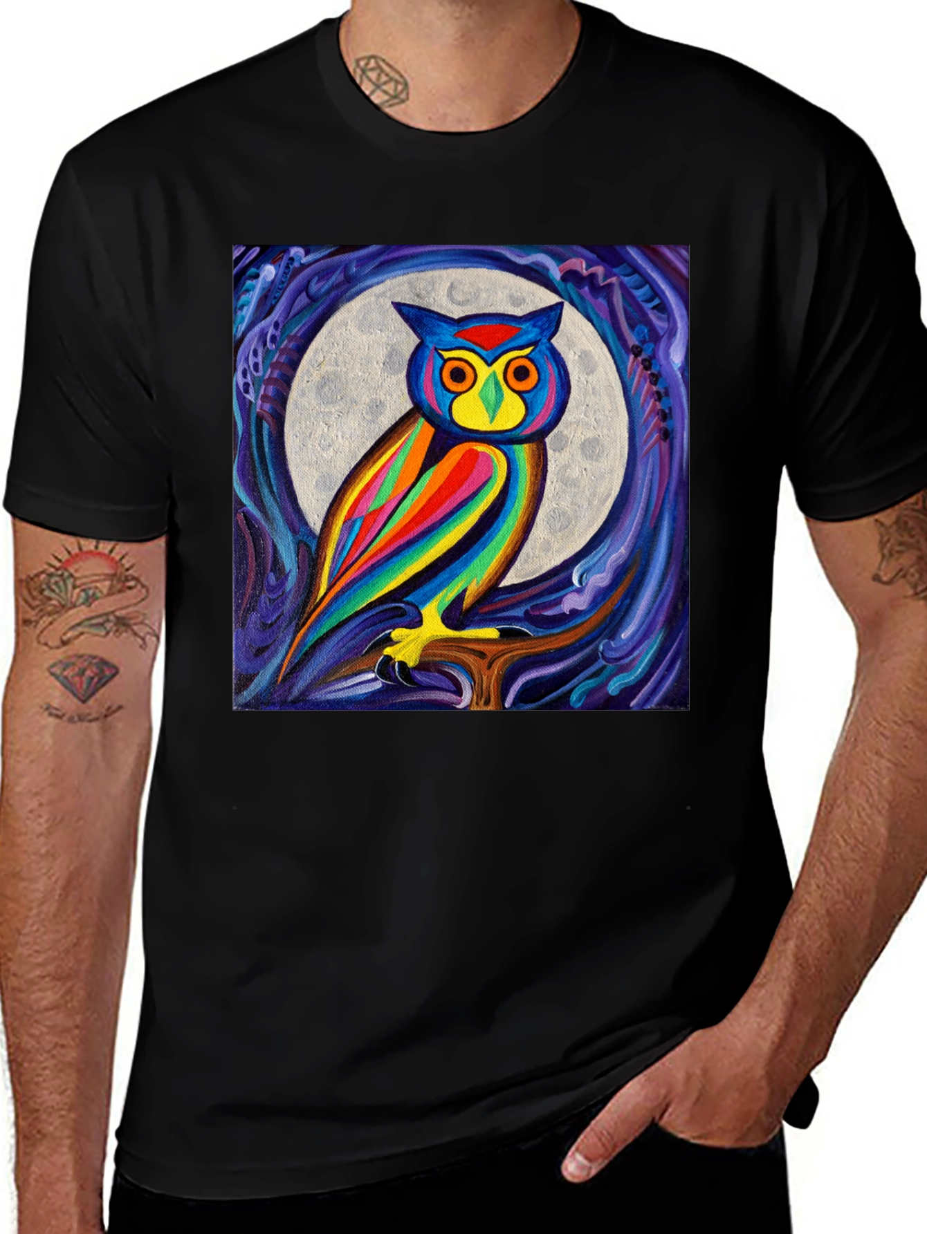 Colorful Owl Moon Art Graphic T-Shirt