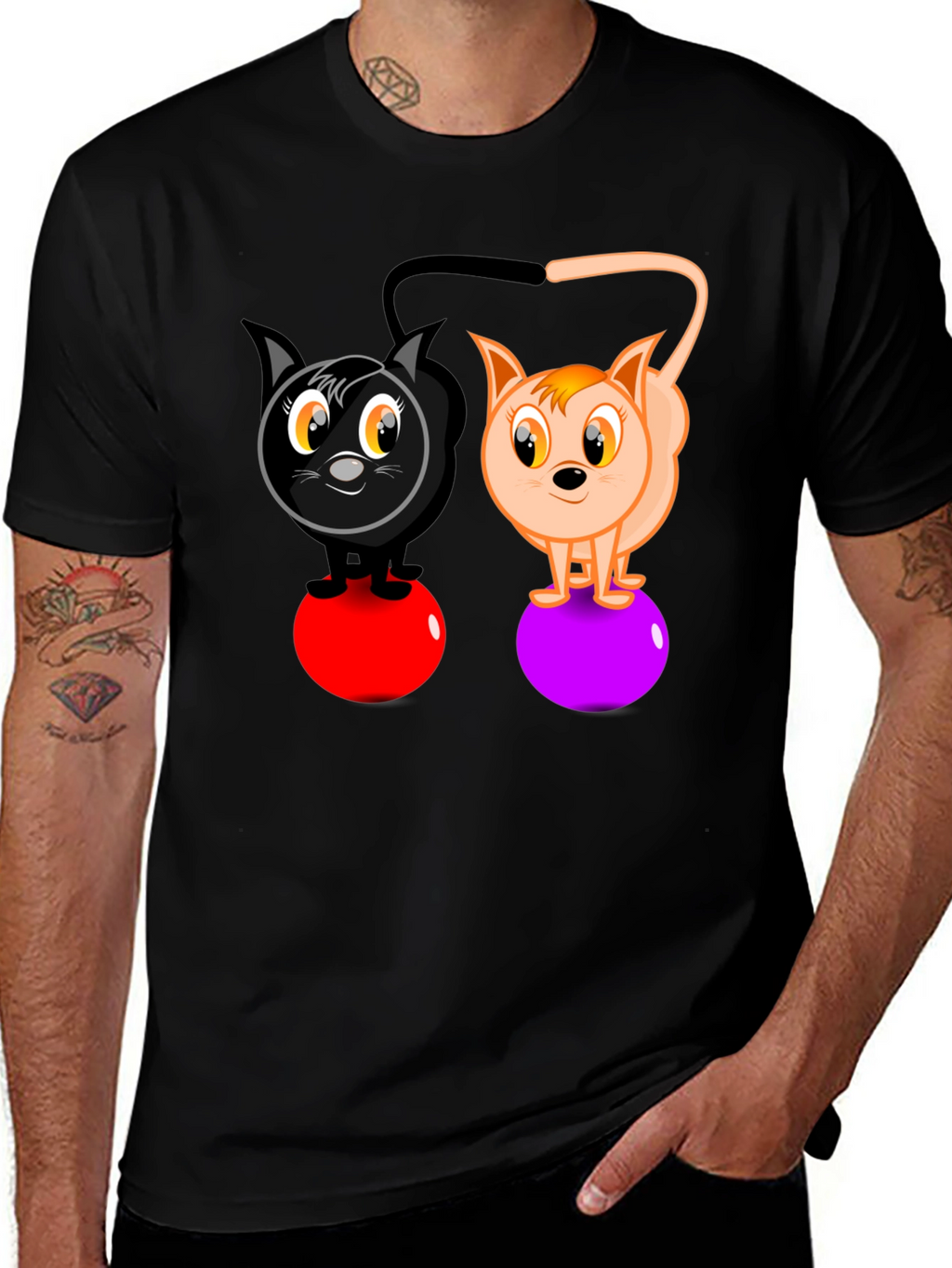 Cartoon Cats on Balls Graphic T-Shirt
