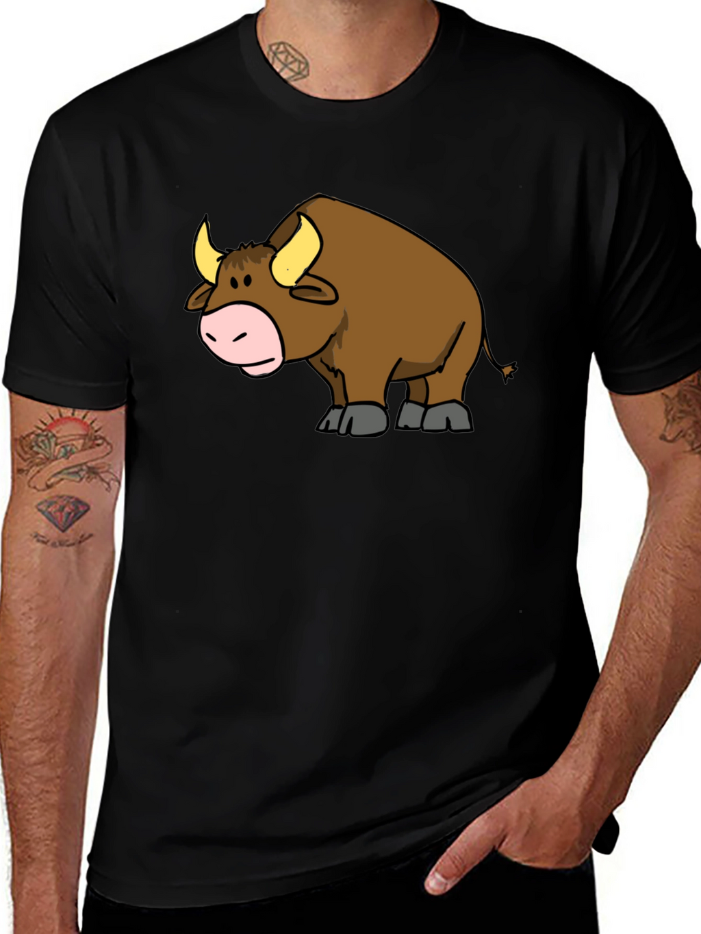 Cartoon Bull Graphic T-Shirt - Black