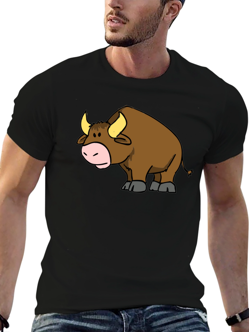 Cartoon Bull Graphic T-Shirt - Black