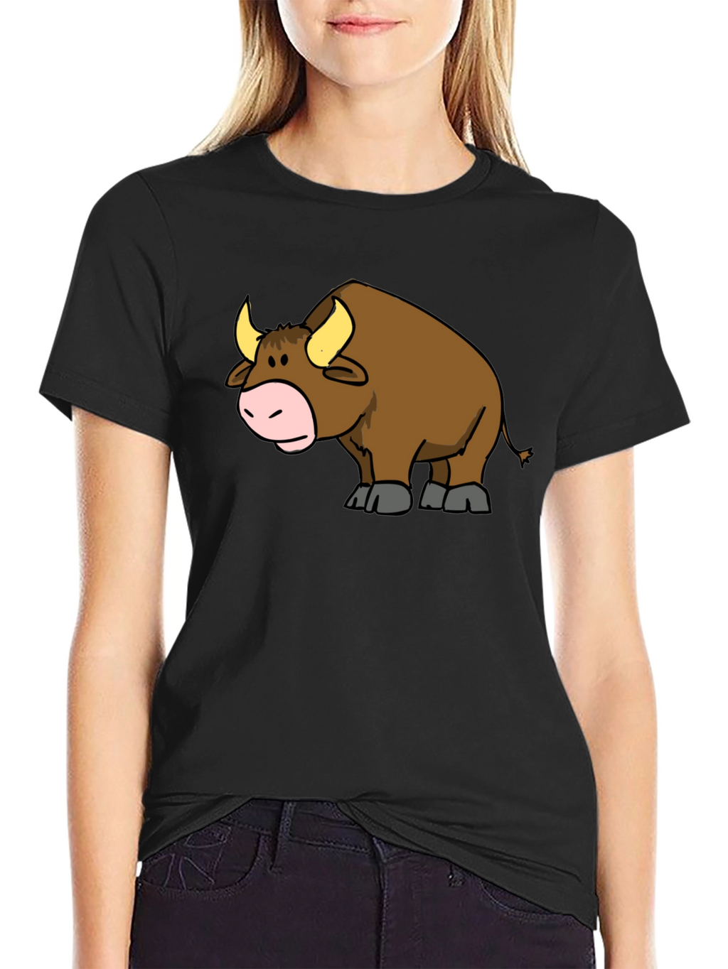 Cartoon Bull Graphic T-Shirt - Black