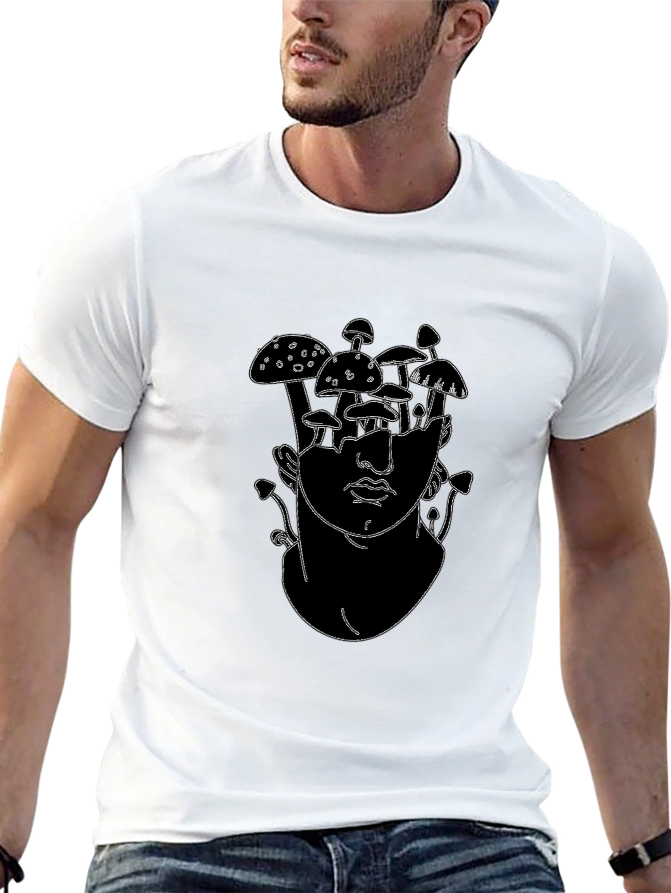 Mushroom Head Graphic Tee - Black Cotton T-Shirt