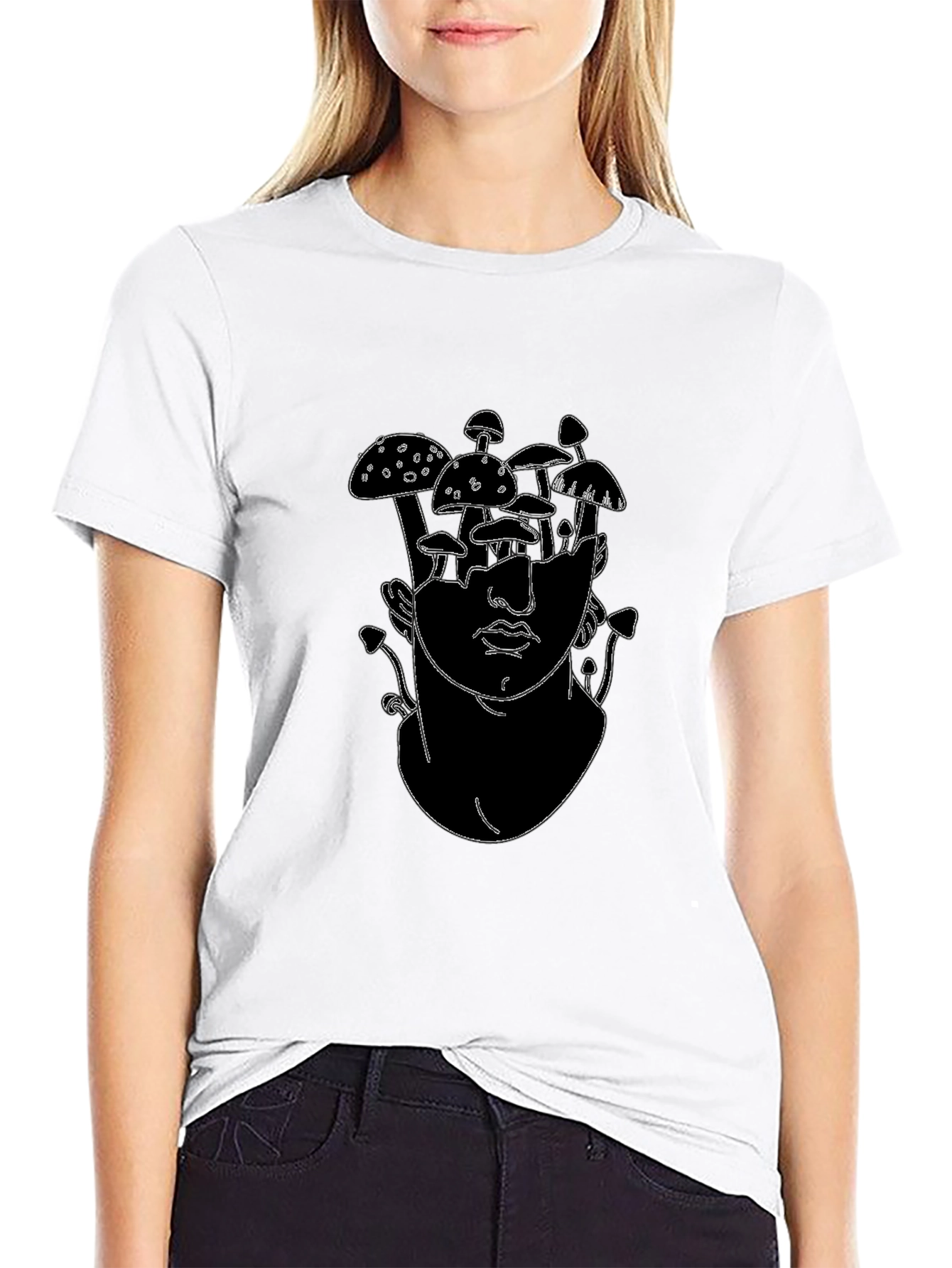 Mushroom Head Graphic Tee - Black Cotton T-Shirt