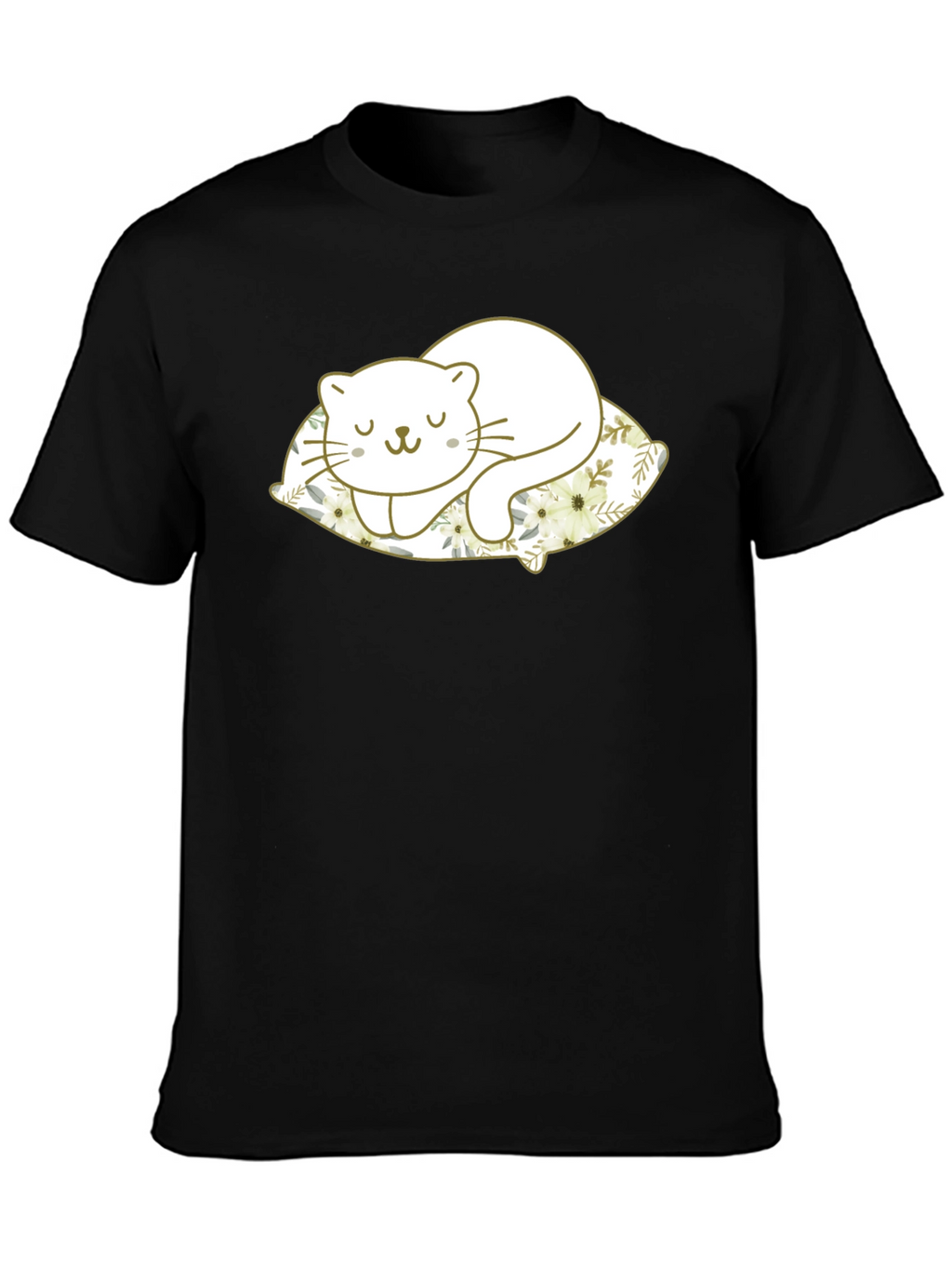 Cute Cat Sleeping on Pillow Black T-Shirt