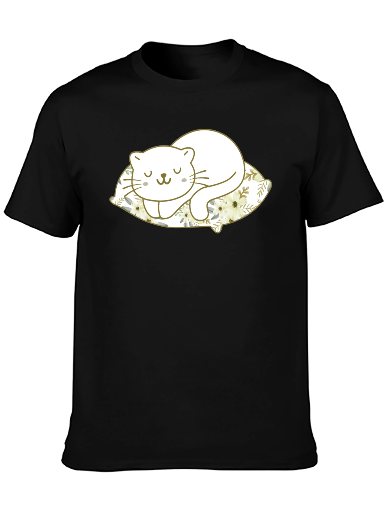 Cute Cat Sleeping on Pillow Black T-Shirt