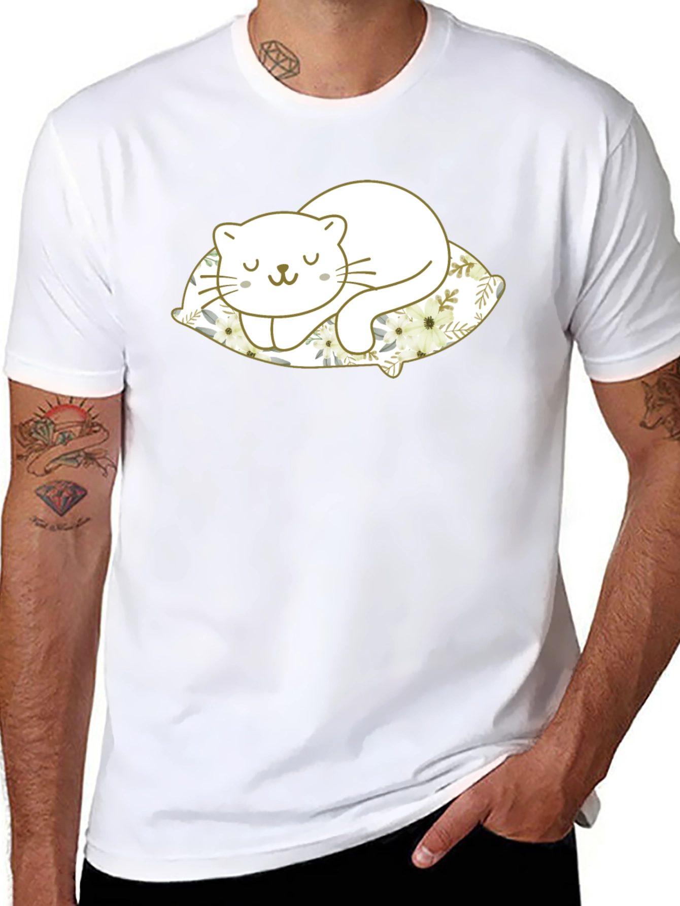 Cute Cat Sleeping on Pillow Black T-Shirt