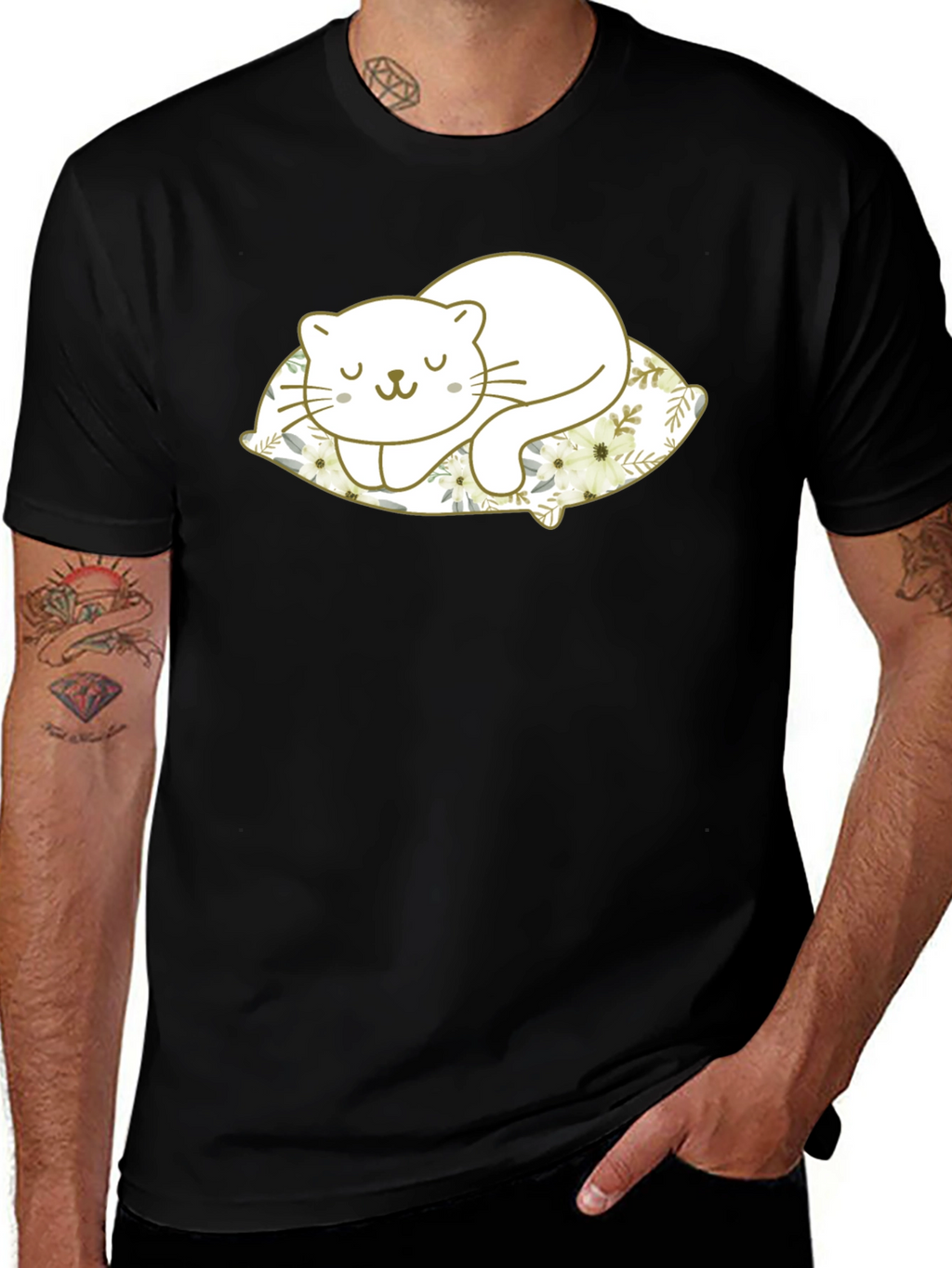 Cute Cat Sleeping on Pillow Black T-Shirt
