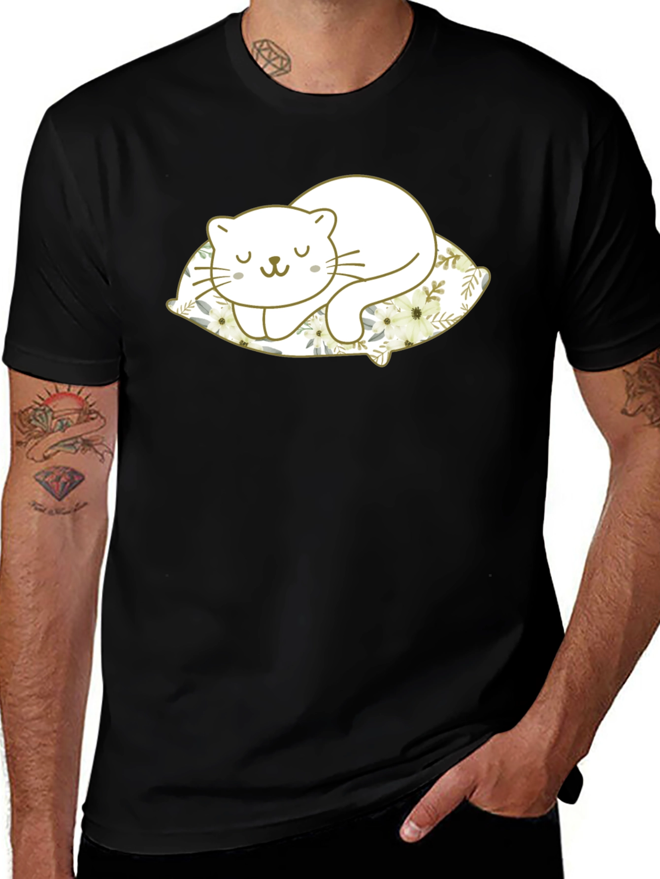 Cute Cat Sleeping on Pillow Black T-Shirt