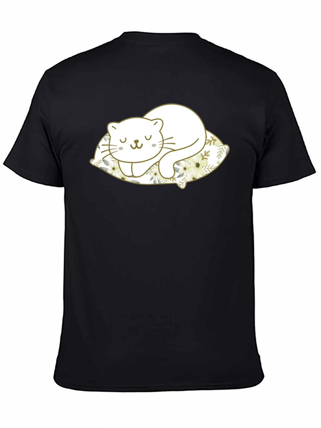 Cute Cat Sleeping on Pillow Black T-Shirt
