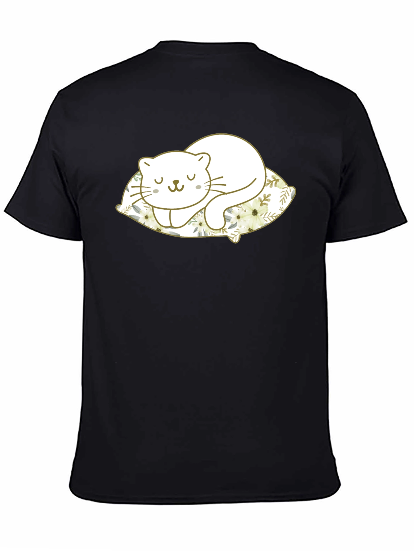 Cute Cat Sleeping on Pillow Black T-Shirt