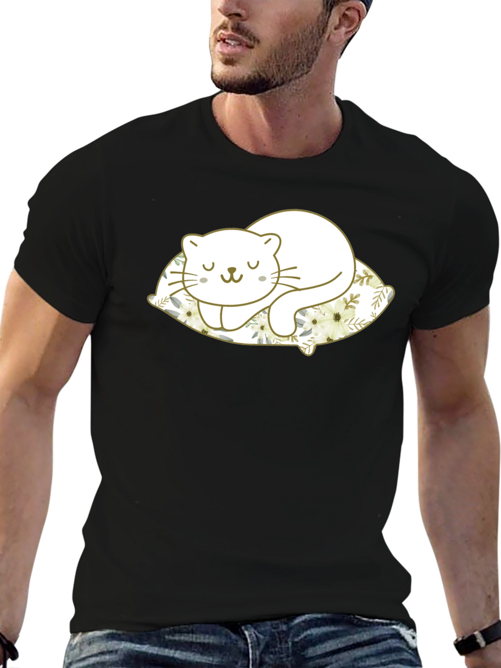 Cute Cat Sleeping on Pillow Black T-Shirt