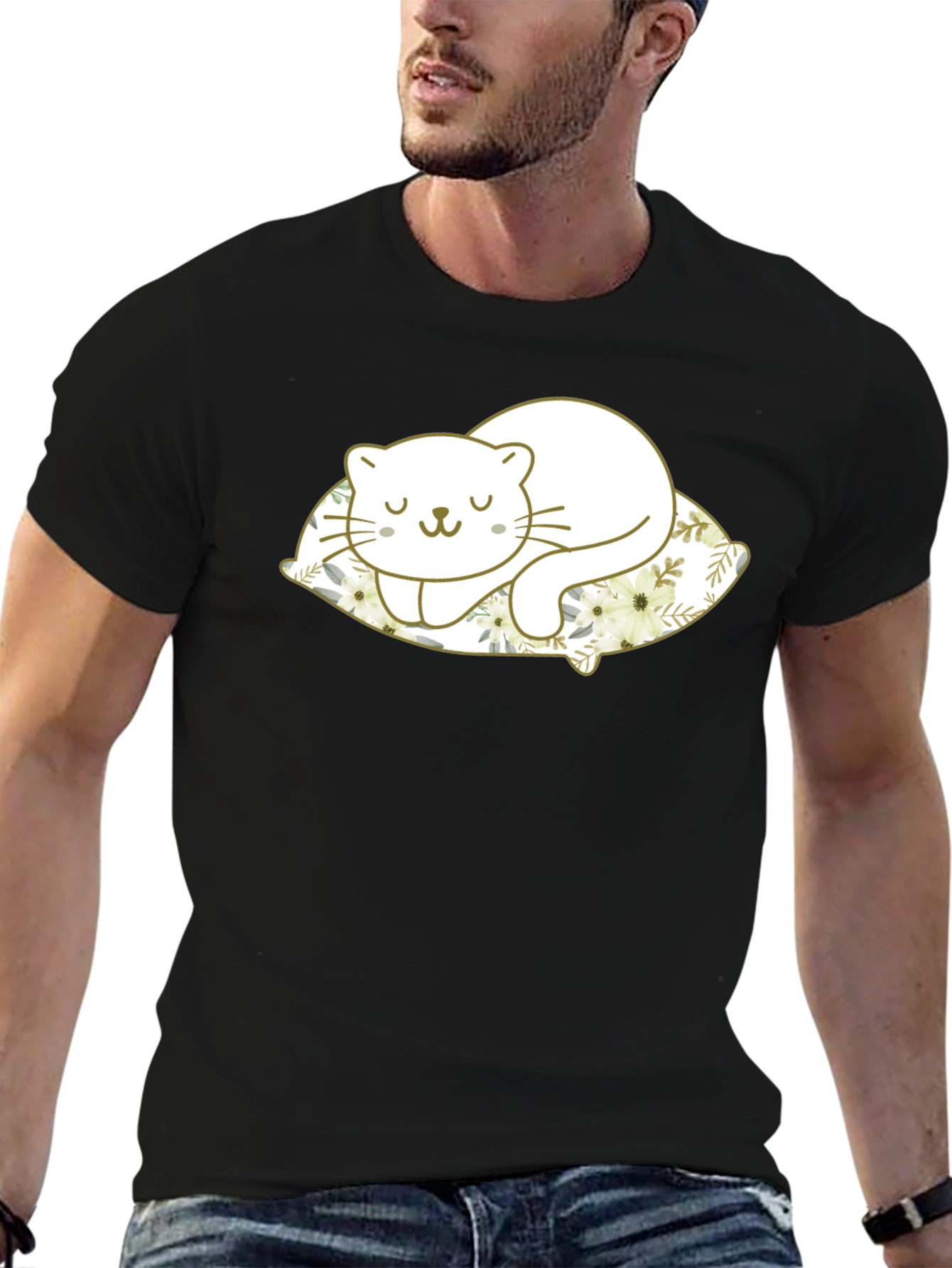 Cute Cat Sleeping on Pillow Black T-Shirt