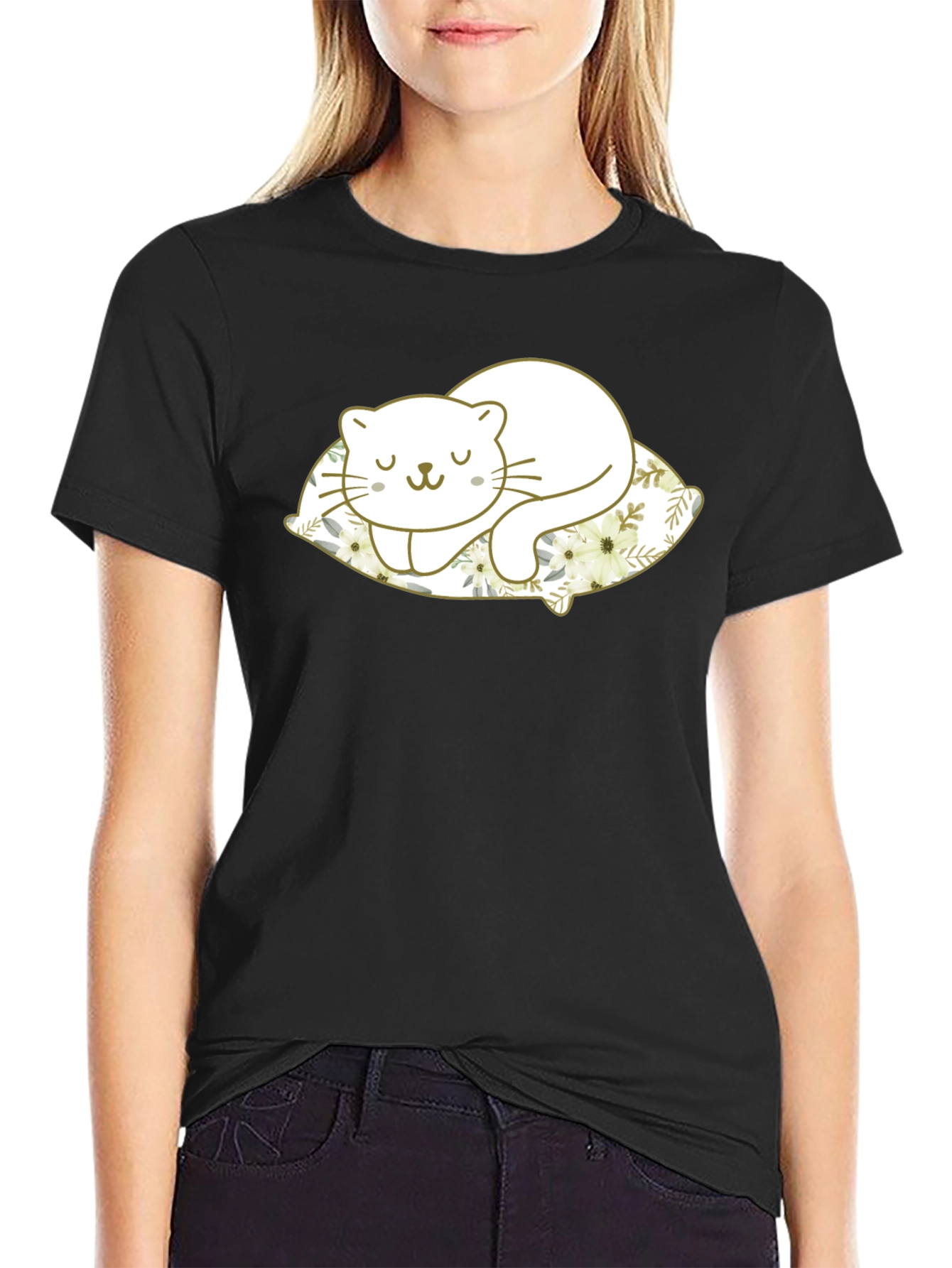 Cute Cat Sleeping on Pillow Black T-Shirt