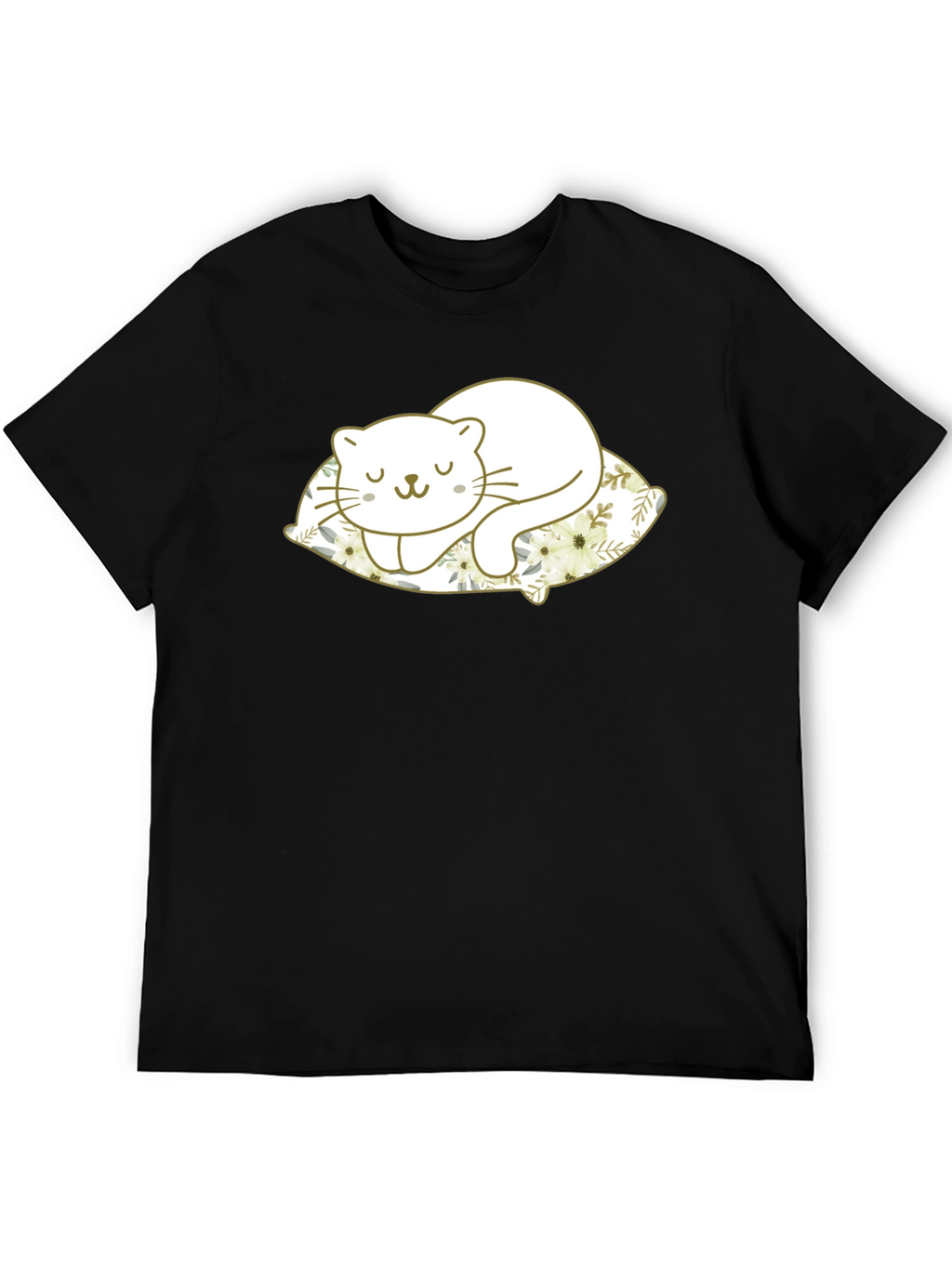 Cute Cat Sleeping on Pillow Black T-Shirt