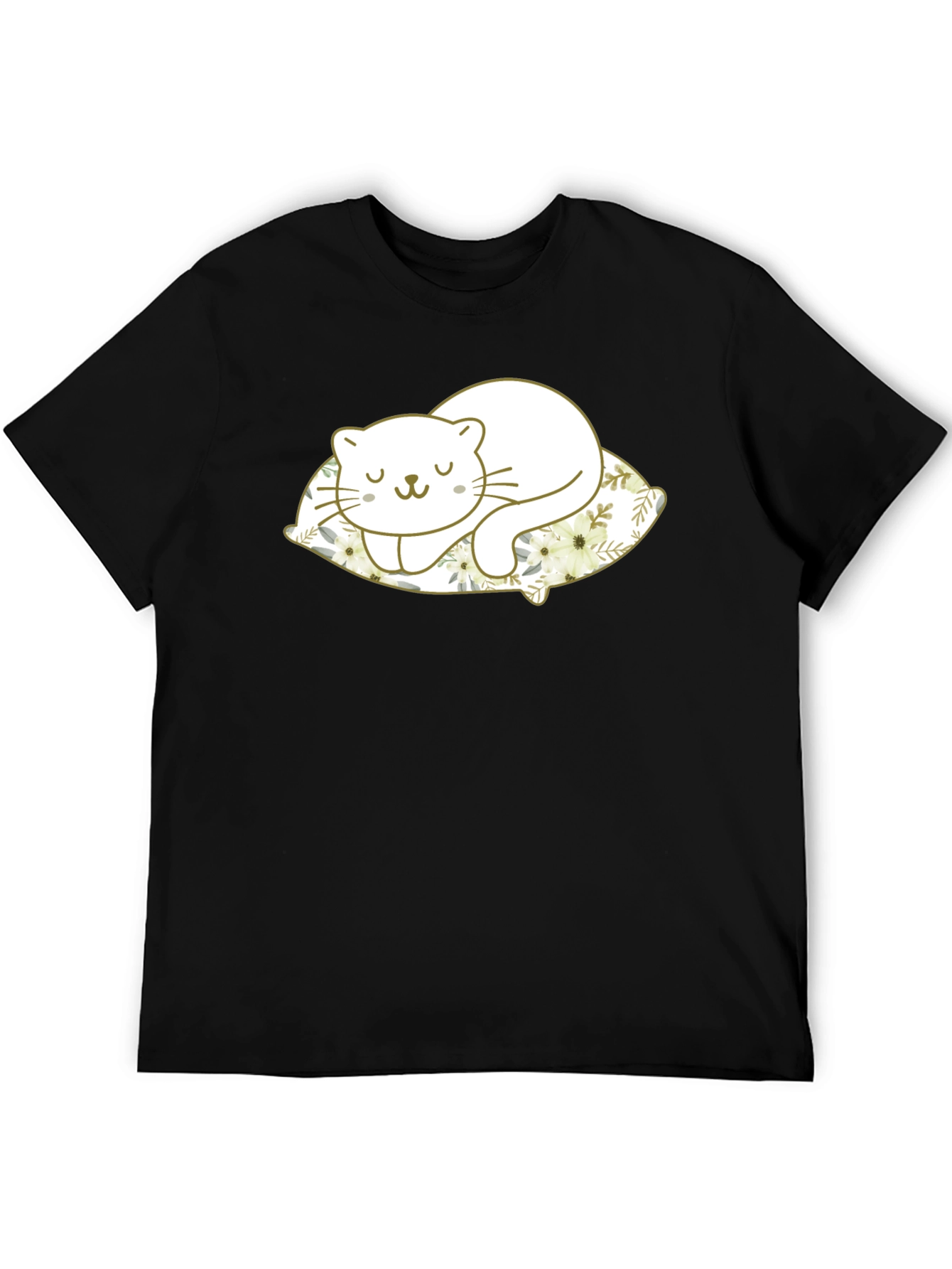 Cute Cat Sleeping on Pillow Black T-Shirt
