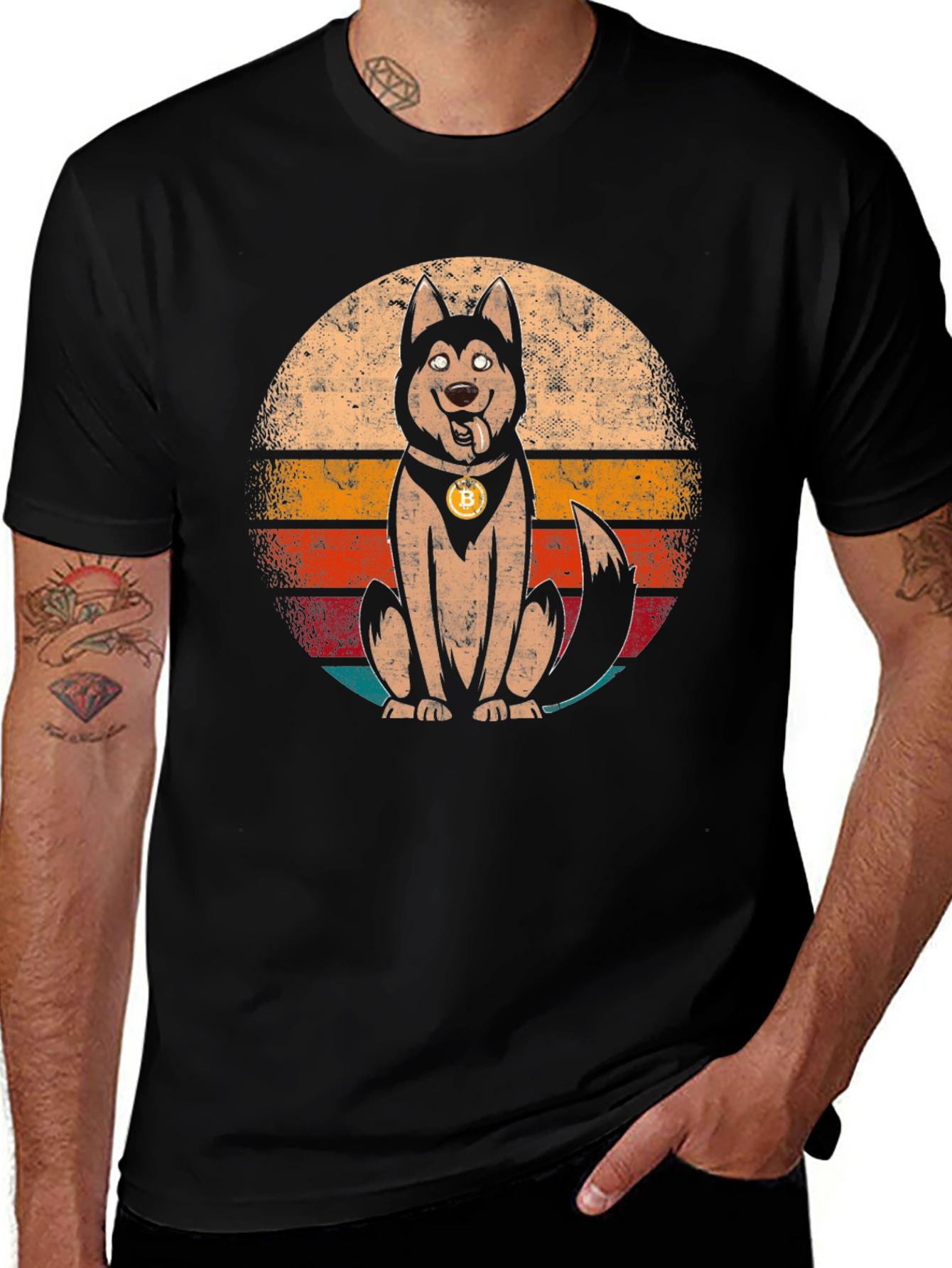 Dogecoin Bitcoin Husky Retro Graphic T-Shirt