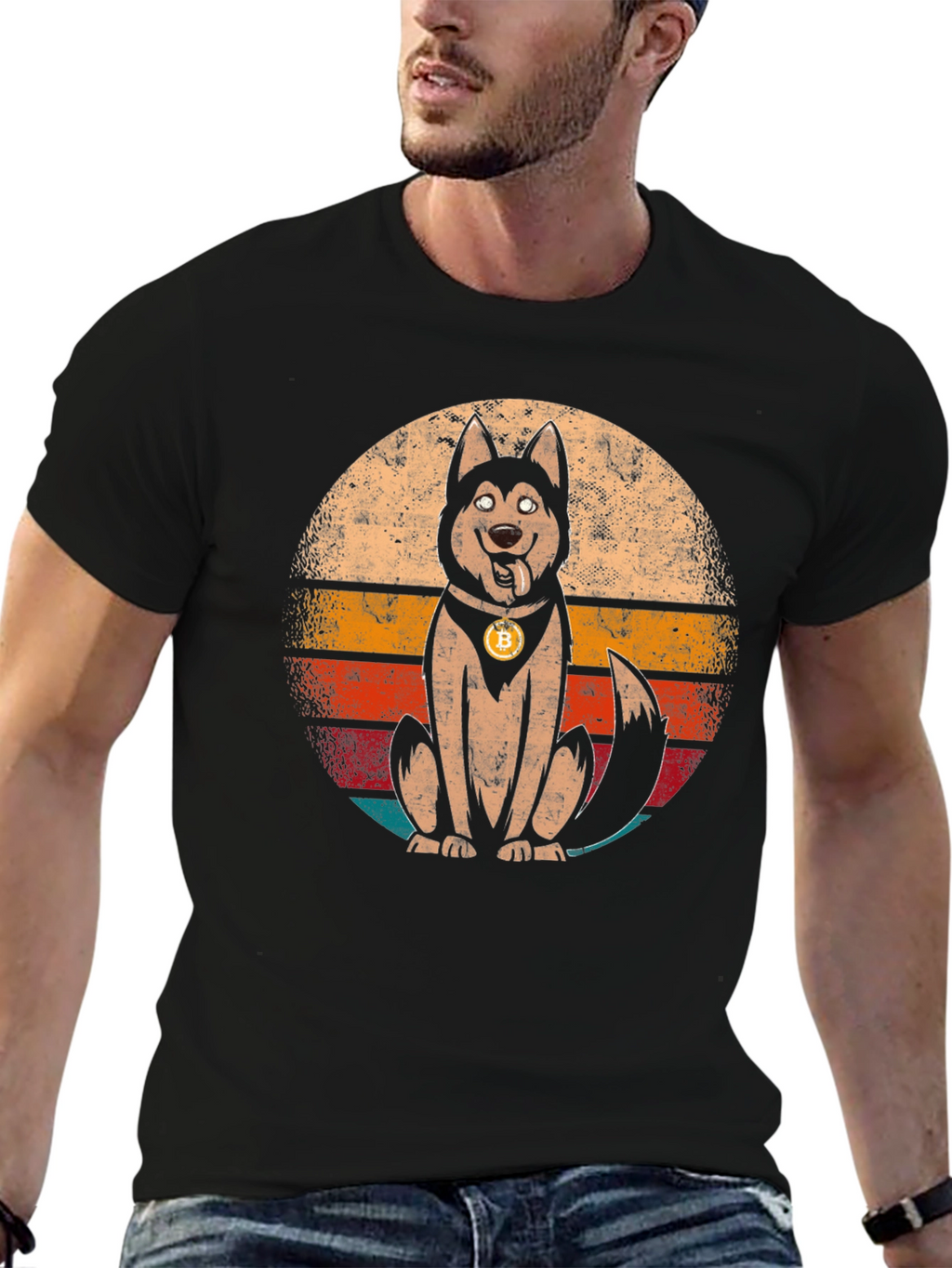 Dogecoin Bitcoin Husky Retro Graphic T-Shirt