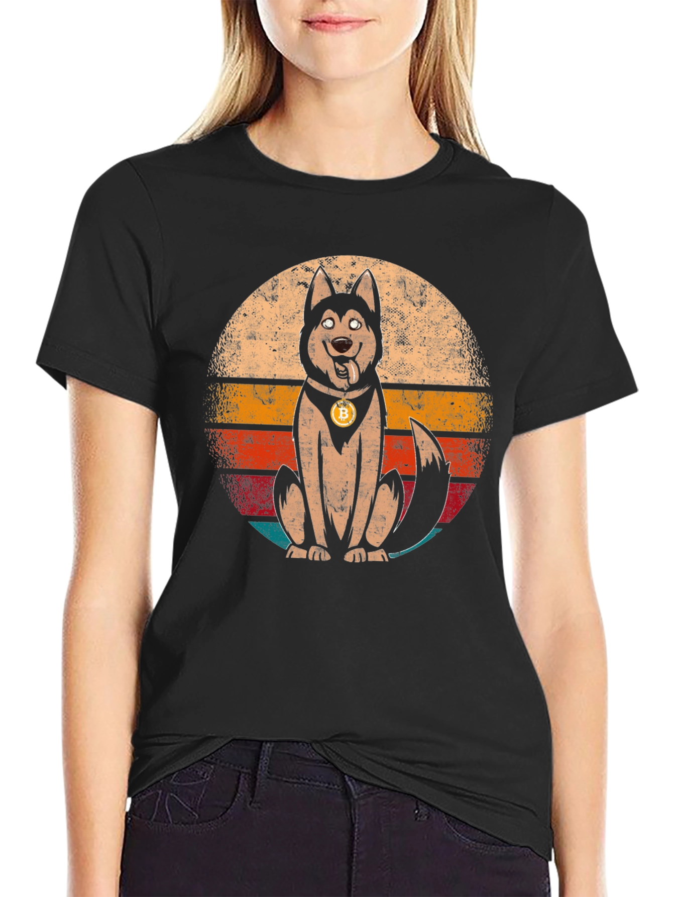 Dogecoin Bitcoin Husky Retro Graphic T-Shirt