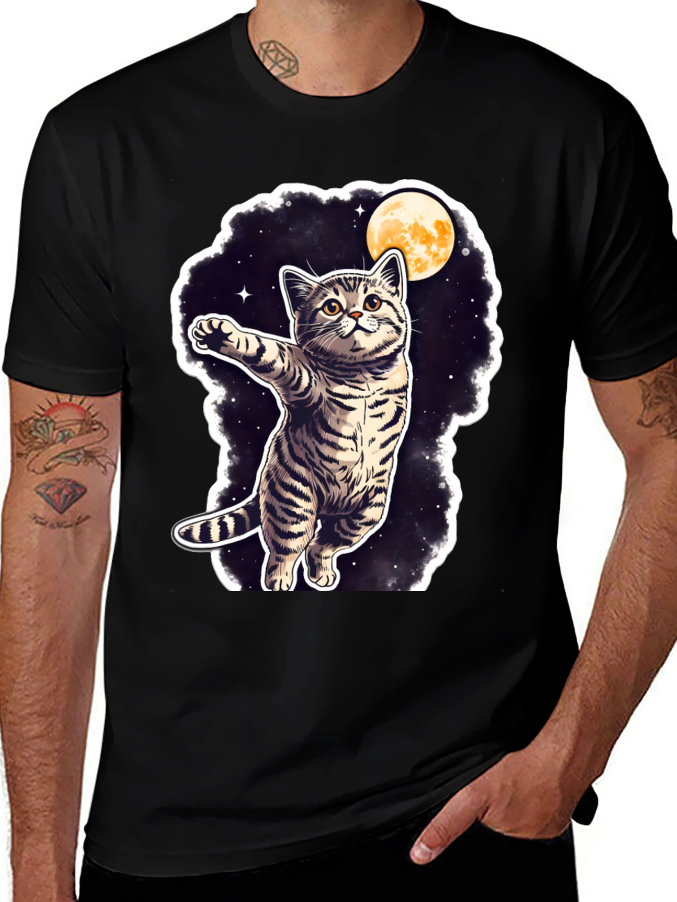 Cosmic Cat T-Shirt - Moon & Stars Design