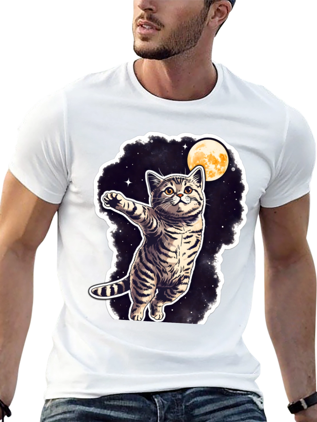 Cosmic Cat T-Shirt - Moon & Stars Design