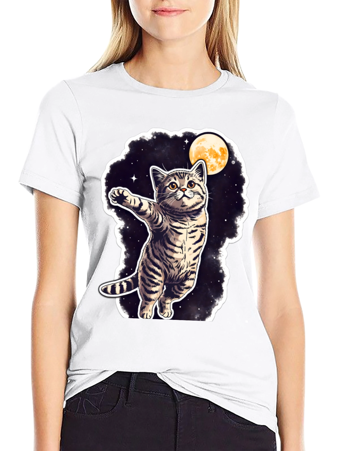 Cosmic Cat T-Shirt - Moon & Stars Design