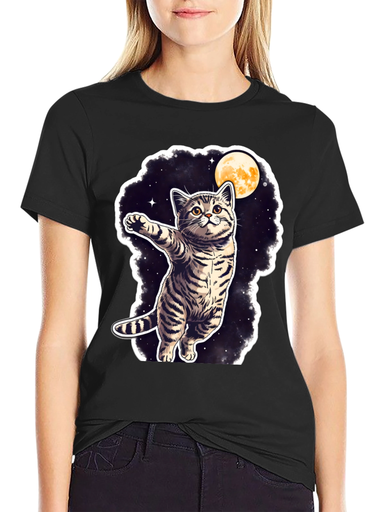 Cosmic Cat T-Shirt - Moon & Stars Design
