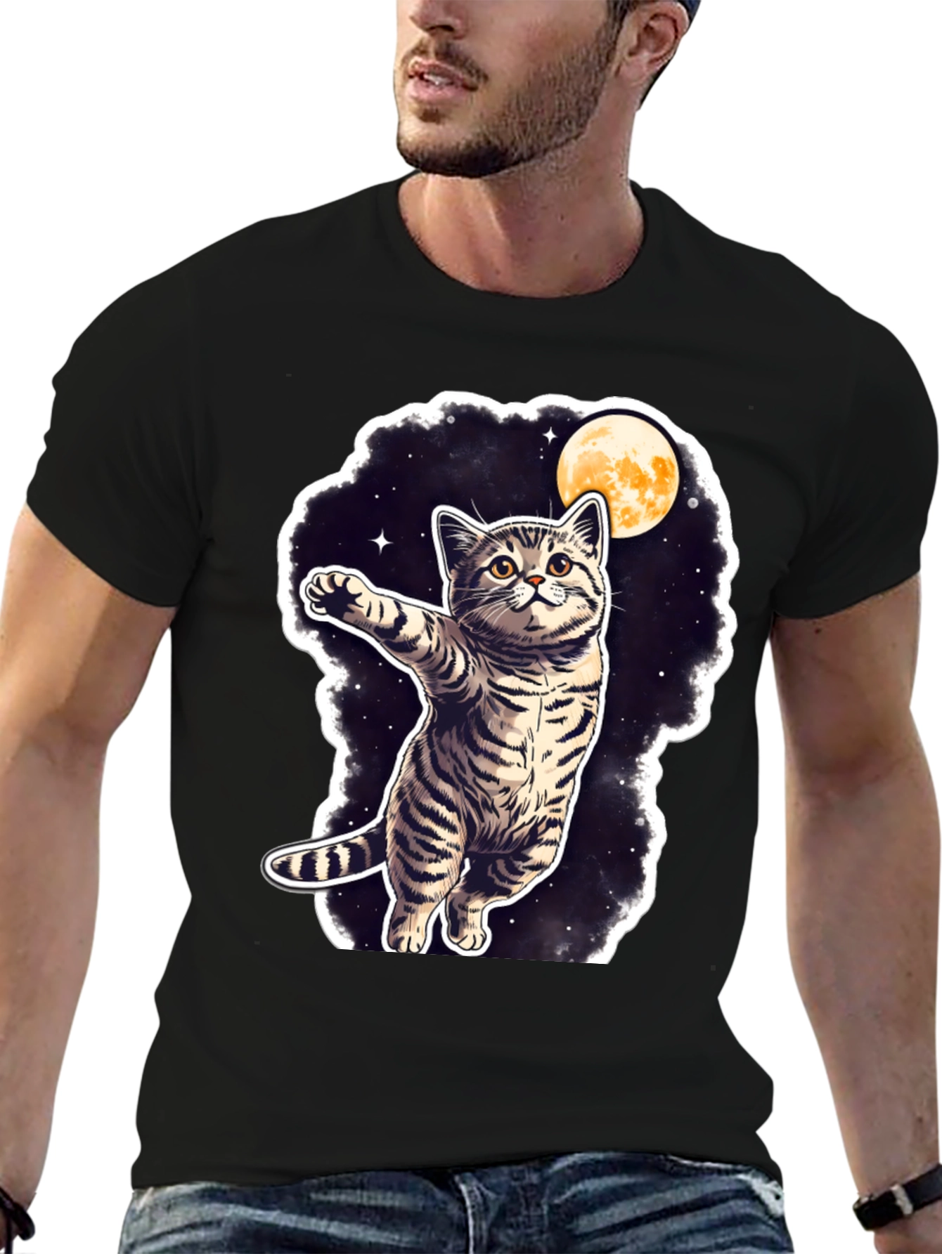 Cosmic Cat T-Shirt - Moon & Stars Design