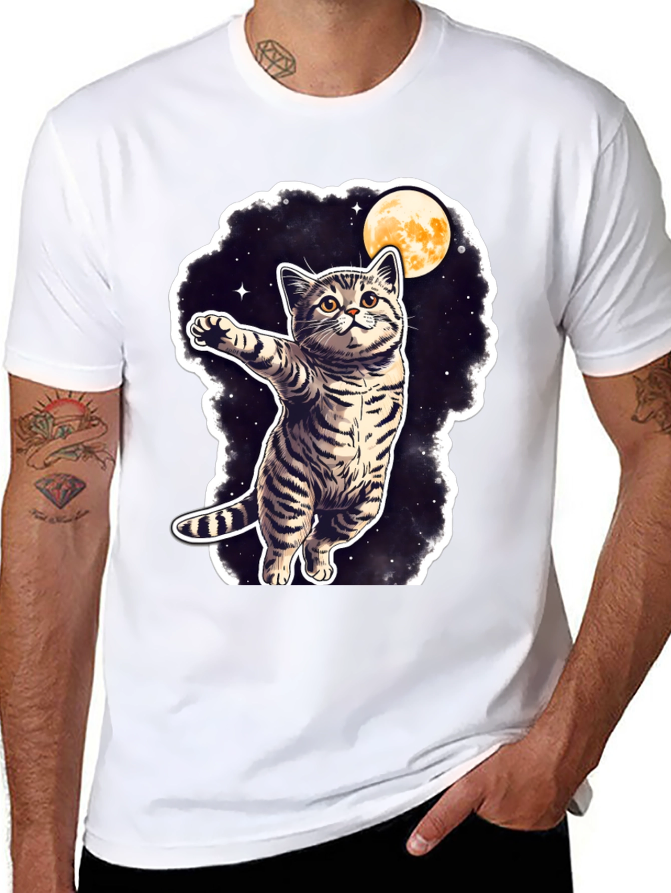 Cosmic Cat T-Shirt - Moon & Stars Design