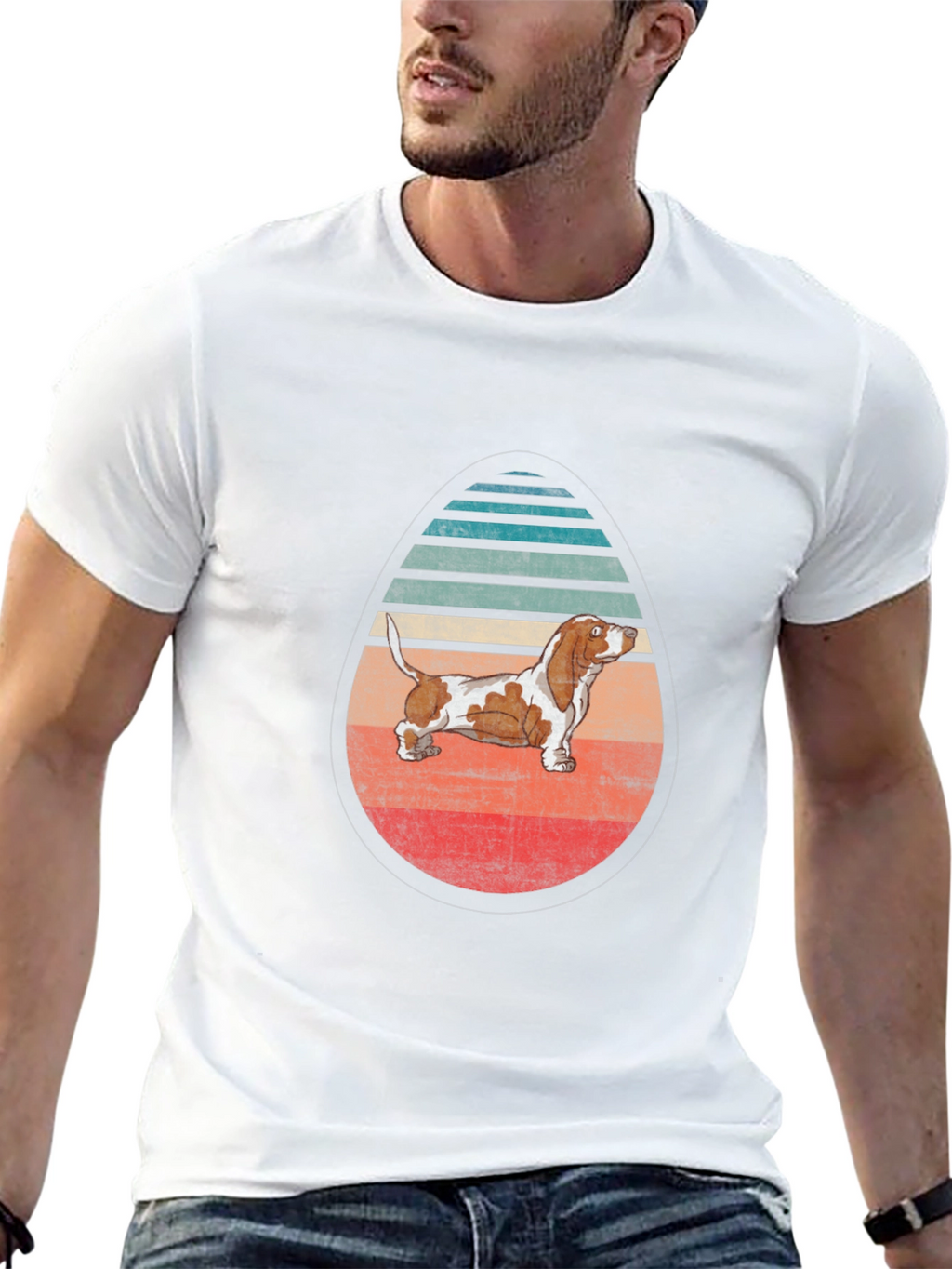 Basset Hound Egg-Shaped Retro Striped T-Shirt