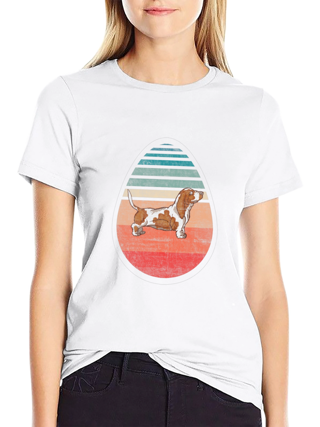 Basset Hound Egg-Shaped Retro Striped T-Shirt
