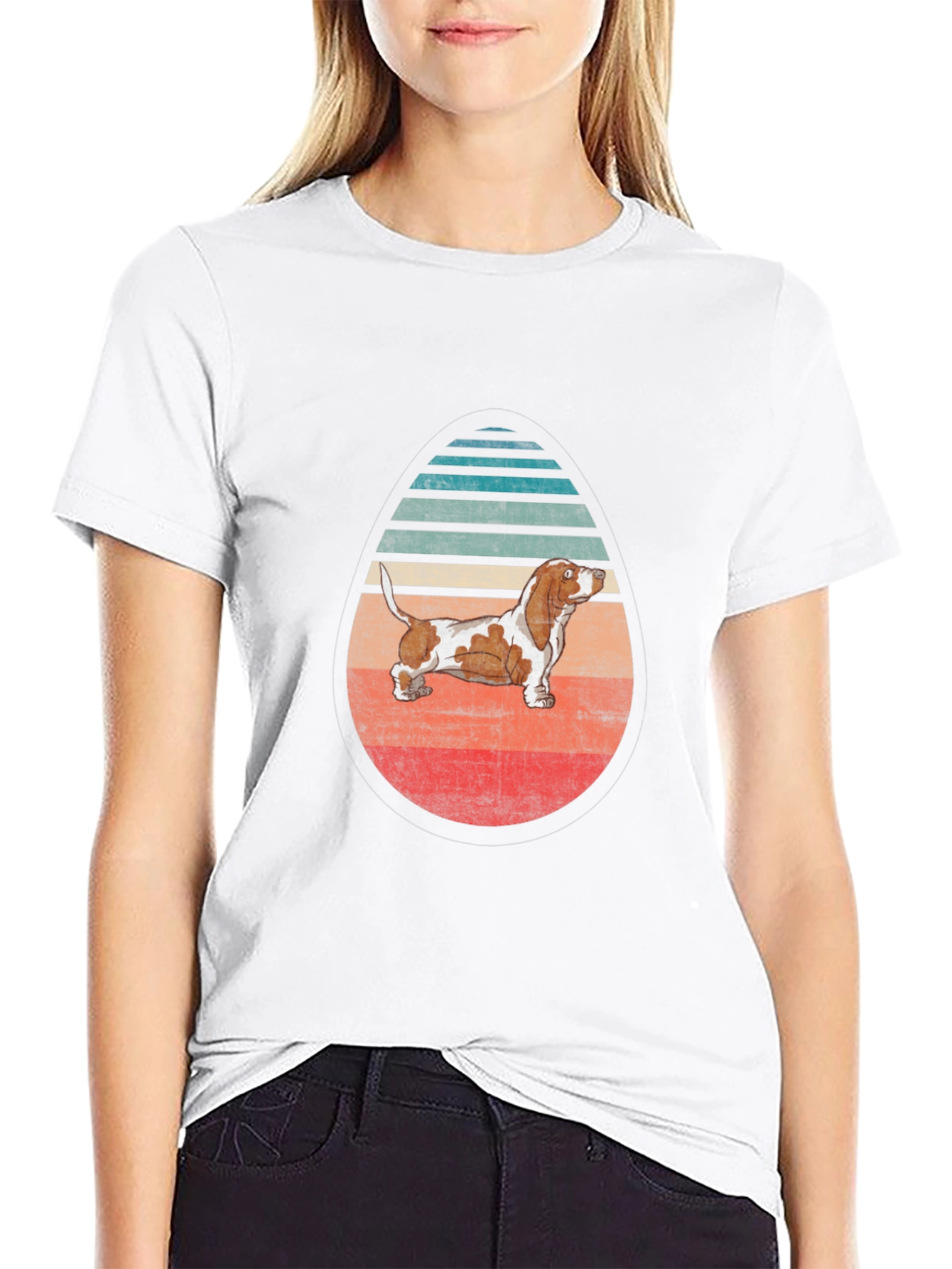 Basset Hound Egg-Shaped Retro Striped T-Shirt